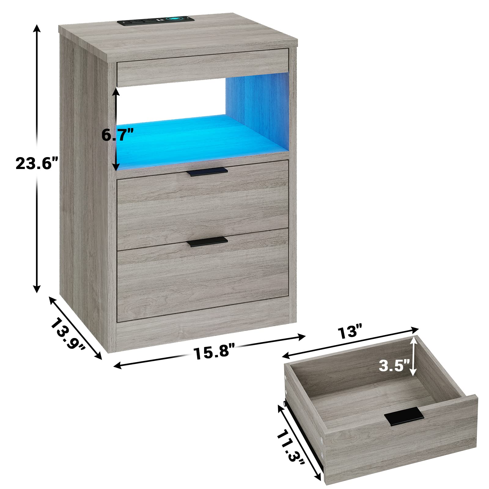 Tiptiper LED Nightstand Set of 2 - Modern Gray Bedside Table with Wireless Charging, 2 Drawers & Pull-Out Shelf - Storage End Table for Bedroom, Living Room & Office