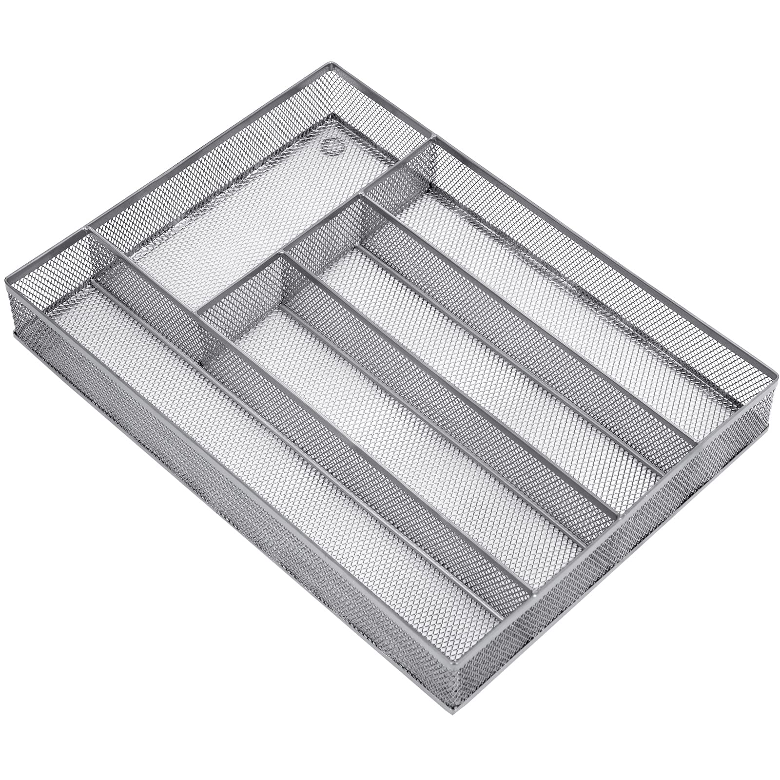 Silverware Drawer Organizer - 5 Compartment Cutlery Tray with Non-Slip Foam Feet, Mesh Wire Flatware Storage Divider for Kitchen, Bedroom & Living Room (Silver) | Perfect for Organizing Utensils, Spoons, Forks and Knives in Any Home Space