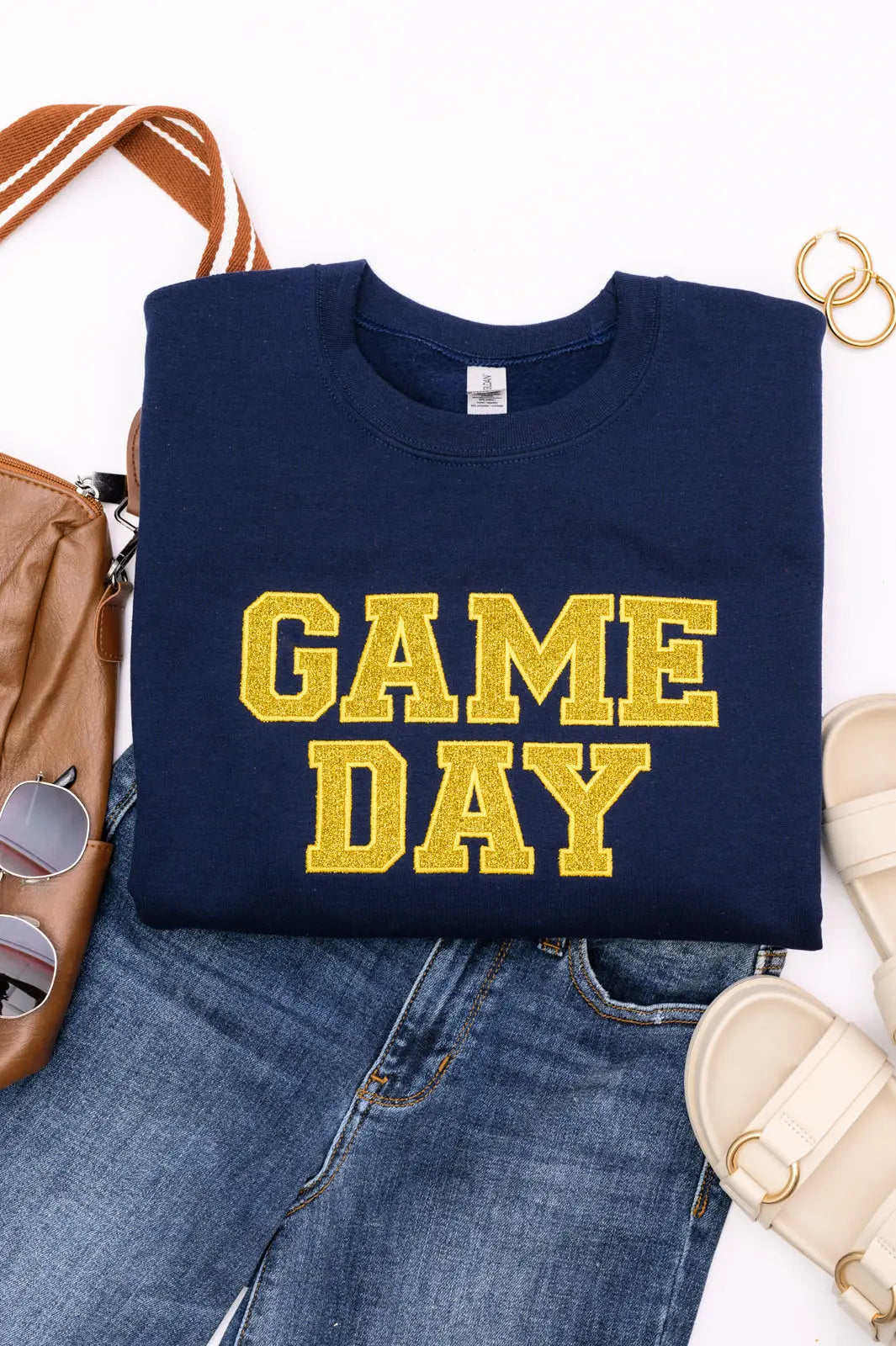 PREORDER: Embroidered Glitter Game Day Sweatshirt - Navy & Gold for Football Fans | Perfect for Tailgating, Sports Events & Casual Wear