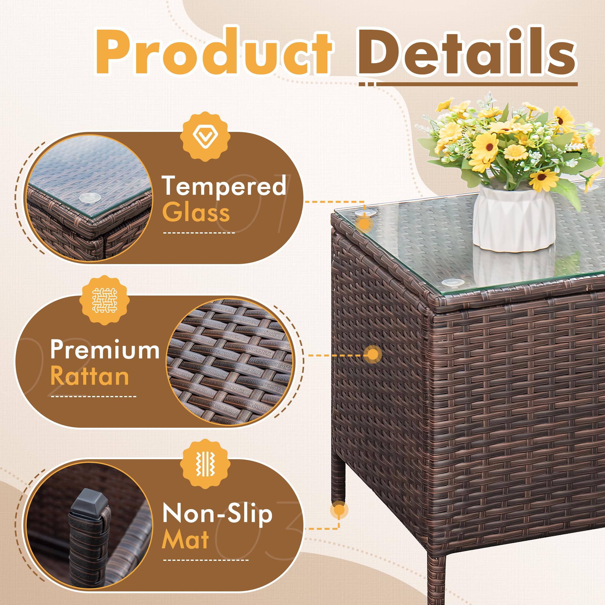 Flamaker 3-Piece All-Weather Rattan Patio Furniture Set with Tempered Glass Table - Outdoor Bistro Chairs for Porch, Balcony, Garden (Brown/Cream) - Perfect for Relaxing, Entertaining & Outdoor Dining