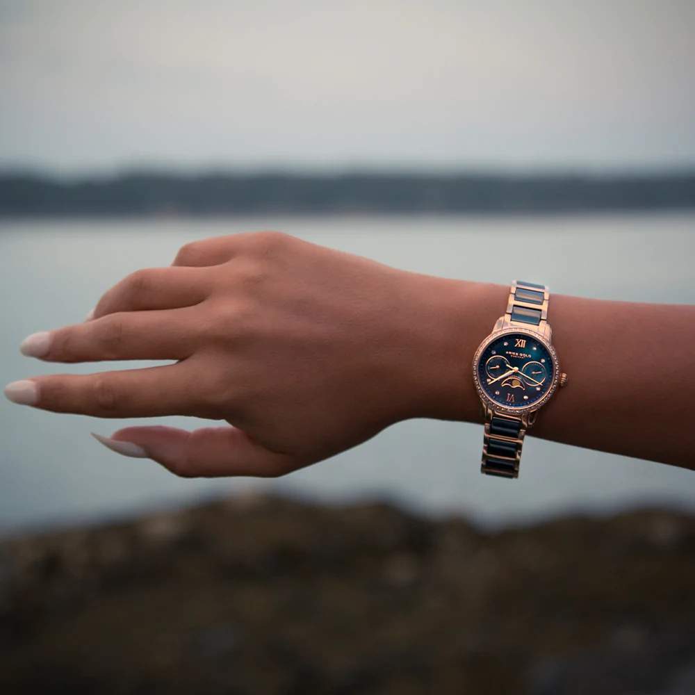 ARIES GOLD ENCHANT LUNA Rose Gold Stainless Steel Women's Watch with Blue Ceramic Bezel - Elegant Dress Watch for Women, Perfect for Office, Party & Special Occasions