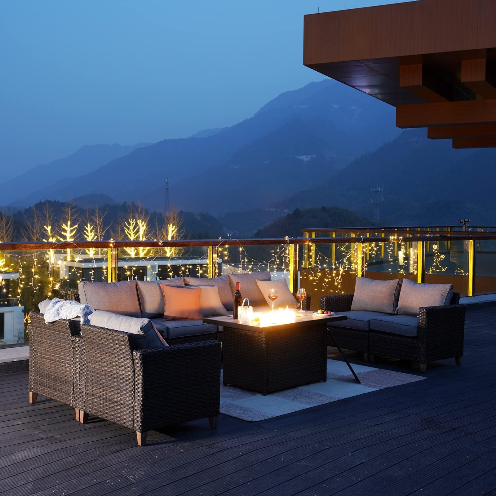 6-Piece Grand Patio Sofa Set with Fire Pit Table - PE Wicker Outdoor Sectional Sofa with Thick Cushions for Garden, Yard, Porch - Perfect for Backyard Gatherings & Fireplace Conversations