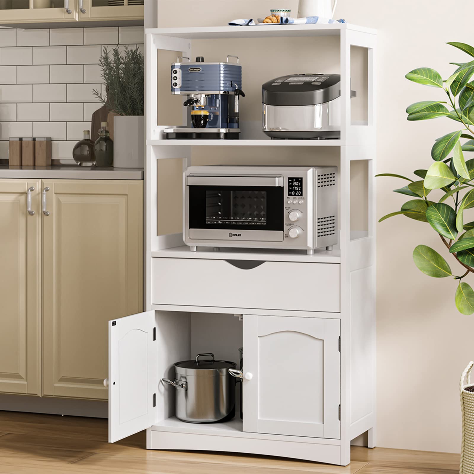 White Sideboard Storage Cabinet with 2 Open Shelves, 1 Drawer & Cupboard - Kitchen Pantry Organizer with Microwave Space, Freestanding Floor Cabinet for Bathroom, Living Room & Bedroom - Perfect for Home Storage, Bookshelf & Display Unit