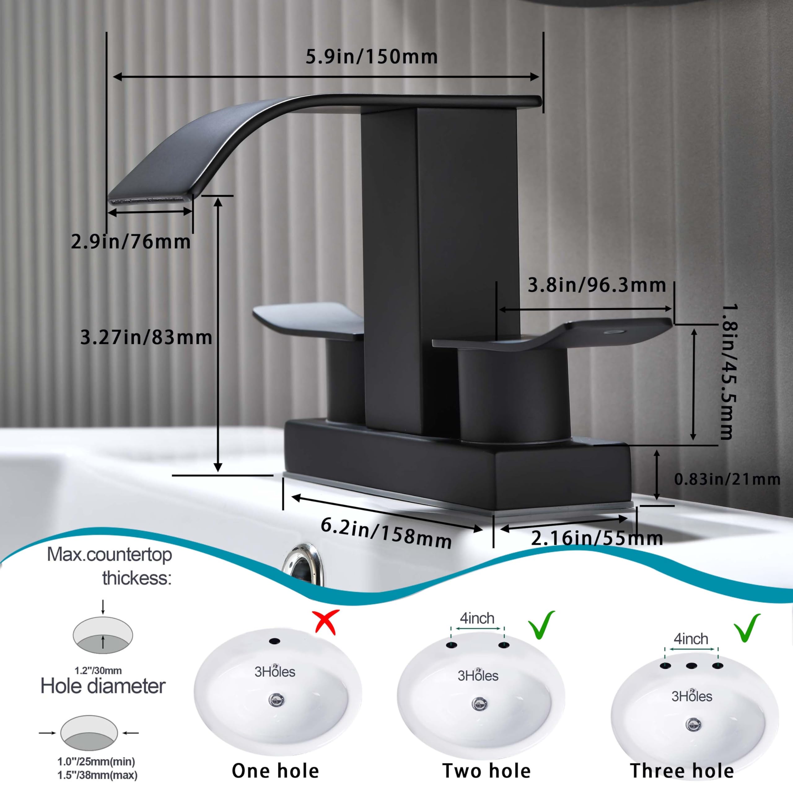 Black Waterfall Bathroom Faucet - 2 Handle 4
