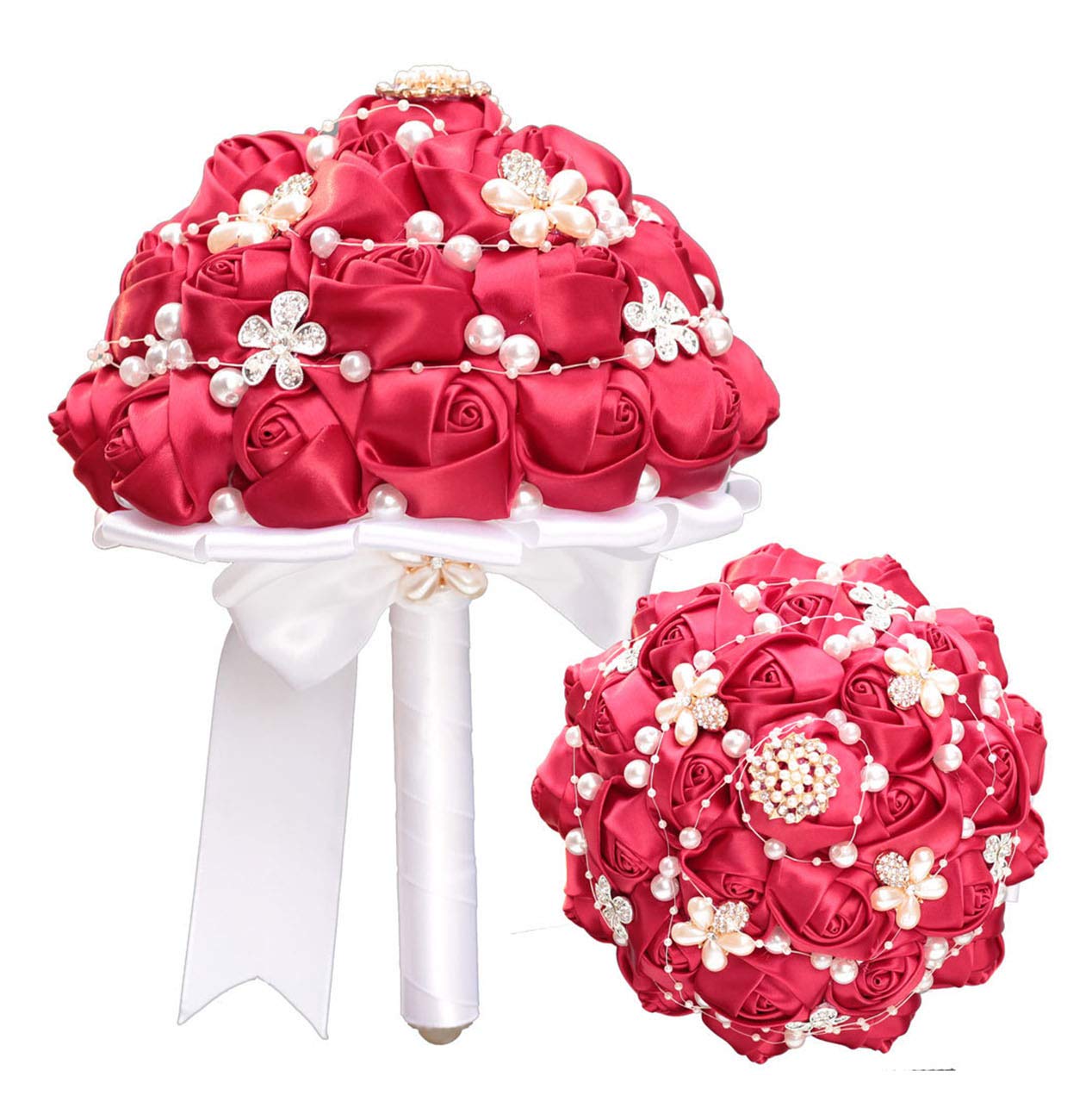 Handmade Artificial Rose Wedding Bouquet with Crystal Pearl & Satin Ribbon - Bride & Bridesmaid Bouquet for Wedding, Church, Engagement, Valentine's Day Party - Perfect for Toss Bouquet & Home Decor