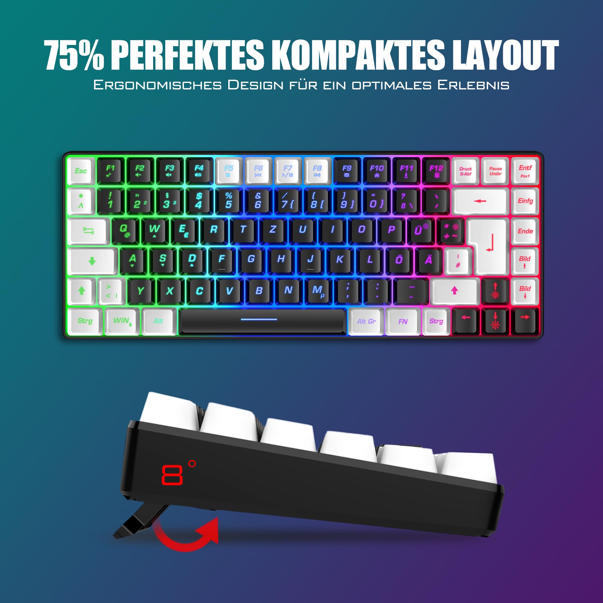 RedThunder K84 Wireless Gaming Keyboard and Mouse Set - QWERTZ DE Layout, Rechargeable, Compact & Ultra-Light Honeycomb Design for PC, Mac, PS5, Xbox - Perfect for Gaming, Office Work & Streaming (2024 Version)