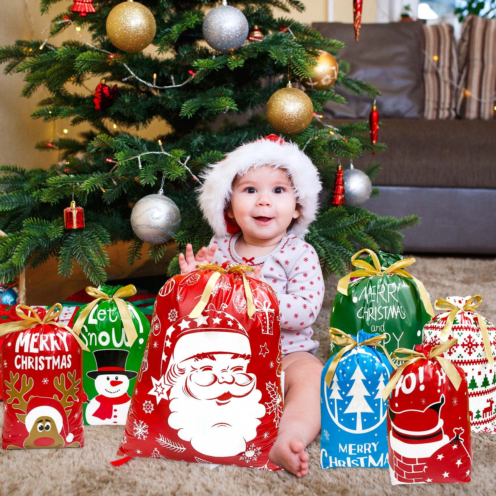 Funnlot 38PCS Christmas Drawstring Gift Bags - Large Holiday Present Bags with Assorted Sizes (3 Sizes & 7 Designs) - Perfect for Wrapping Christmas Presents, Party Favors, and Holiday Gift Exchanges