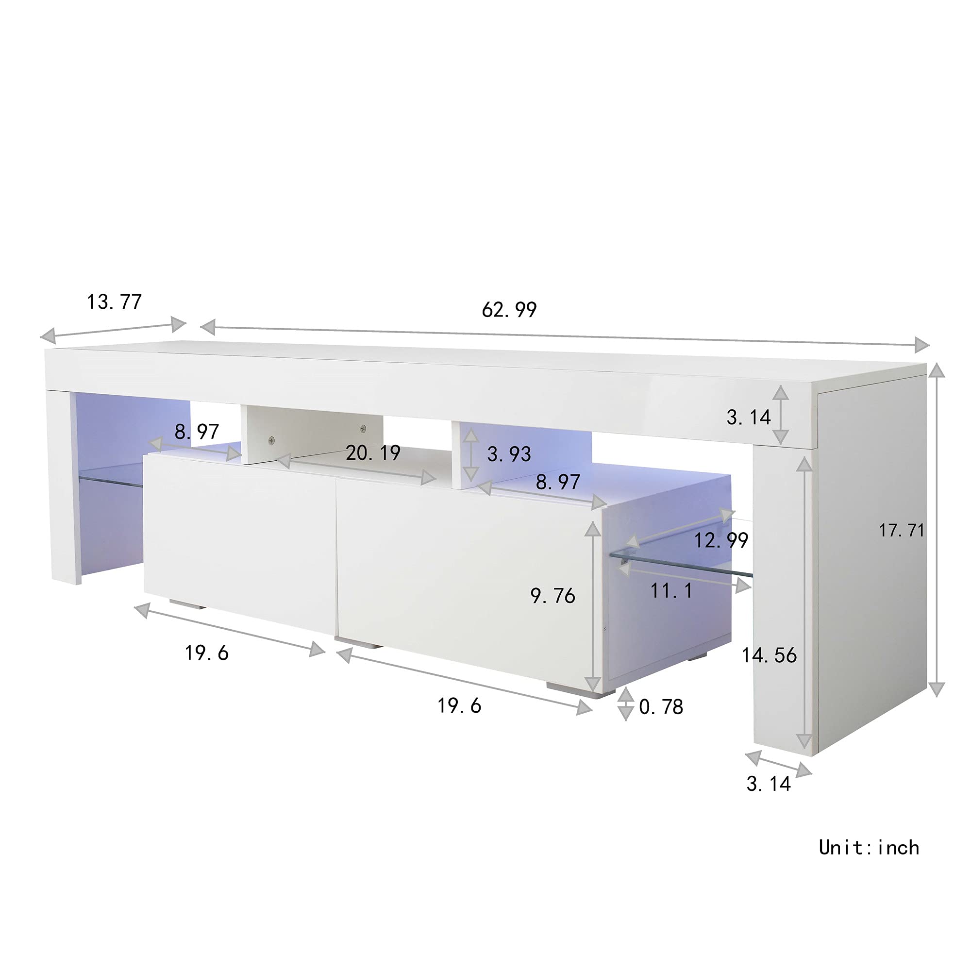 Modern White TV Stand with 20-Color LED Lighting, 3 Drawers & Open Shelves - Holds 70 Inch TV & Supports Up to 66.15 lbs - Perfect for Bedroom, Living Room & Home Theater Setup