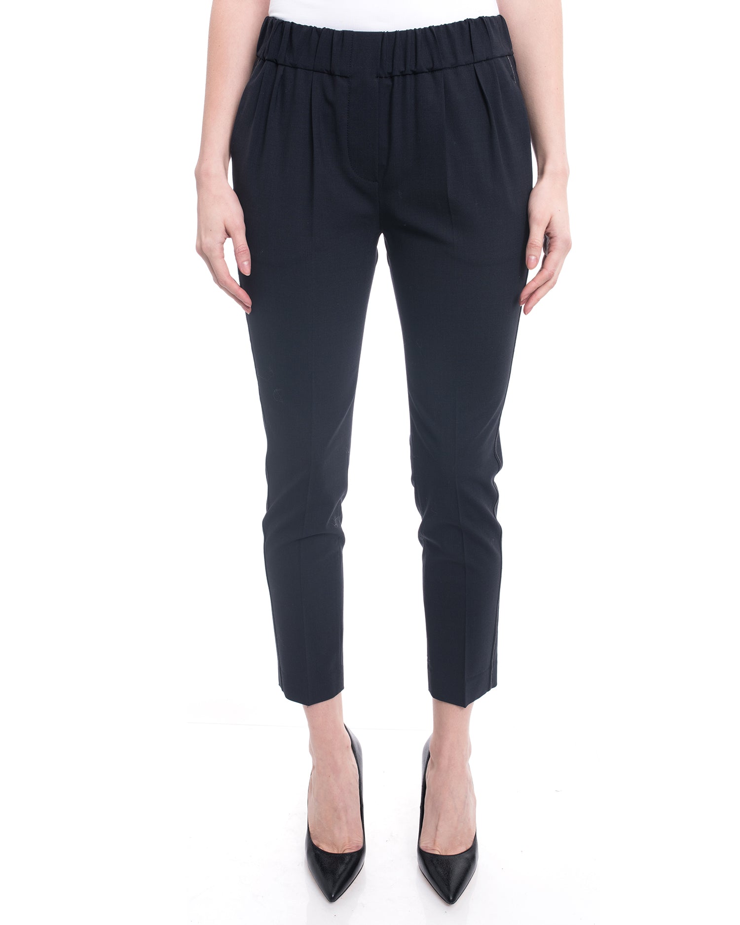 Brunello Cucinelli Charcoal Grey Cropped Pants with Silver Bead Trim - Women's High-Waisted Slim Fit Trousers for Work, Office & Special Occasions