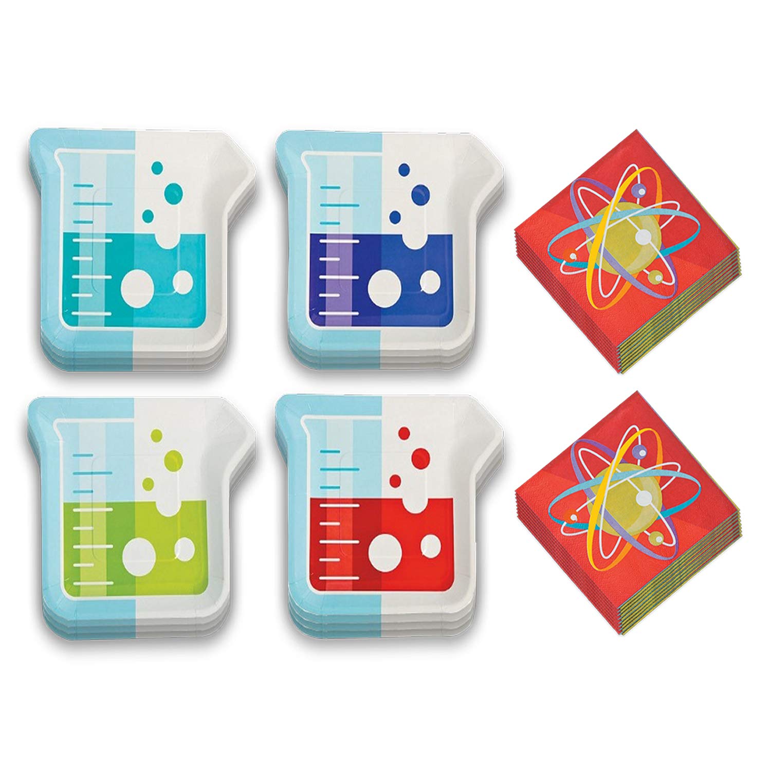 Science Party Supplies - 16-Piece Lab Experiment Beaker Paper Dessert Plates & Beverage Napkins Set for Kids Birthday, Classroom STEM Activities & Themed Events