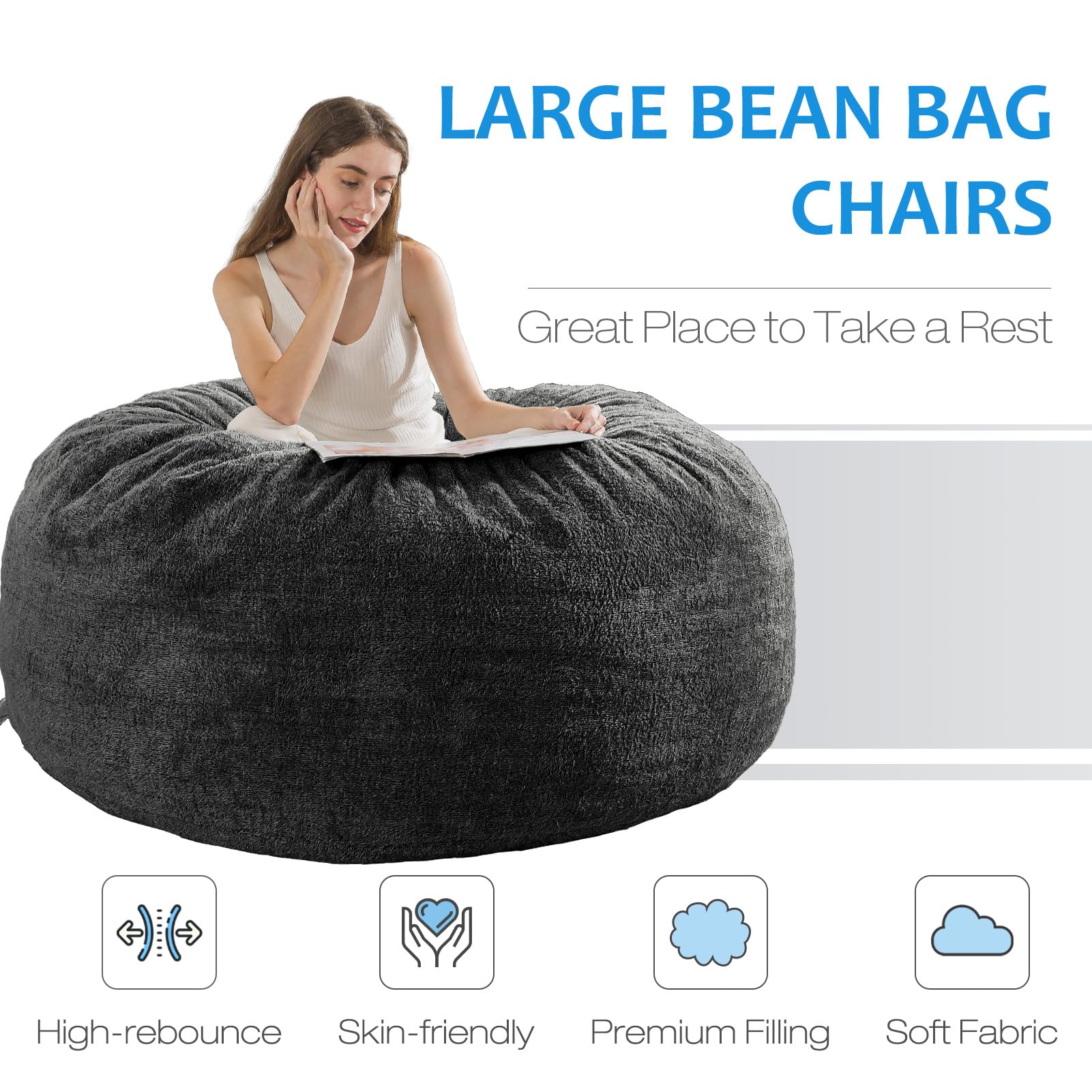 3 ft Sherpa Bean Bag Chair with Filling - Ultra Soft Faux Fur & Memory Foam for Adults & Kids | Dark Gray | Perfect for Living Room, Bedroom & Game Room Lounging