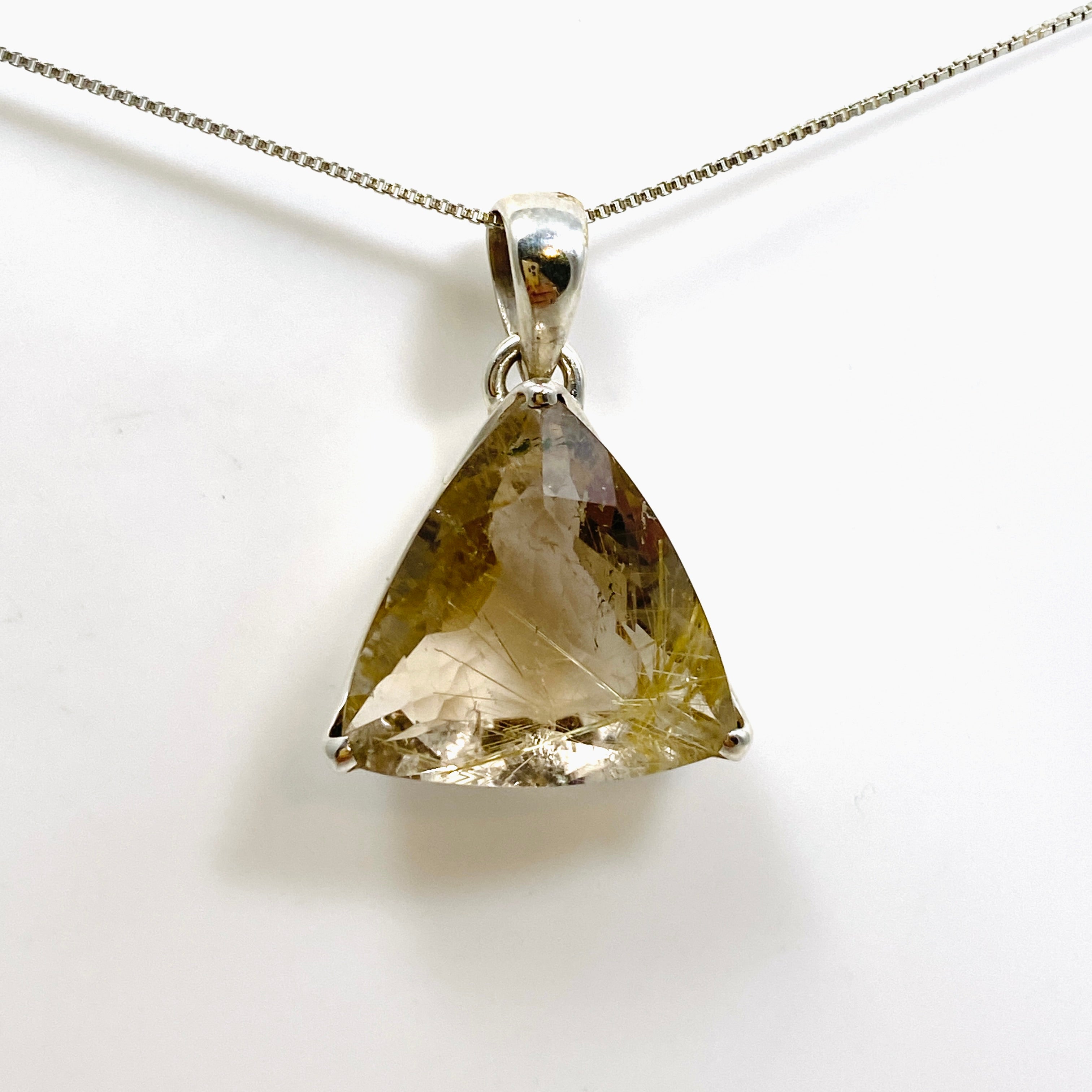 Golden Rutile Quartz Triangular Faceted Pendant Necklace - Natural Gemstone Jewelry for Women - Perfect for Spiritual Healing, Meditation & Everyday Elegance