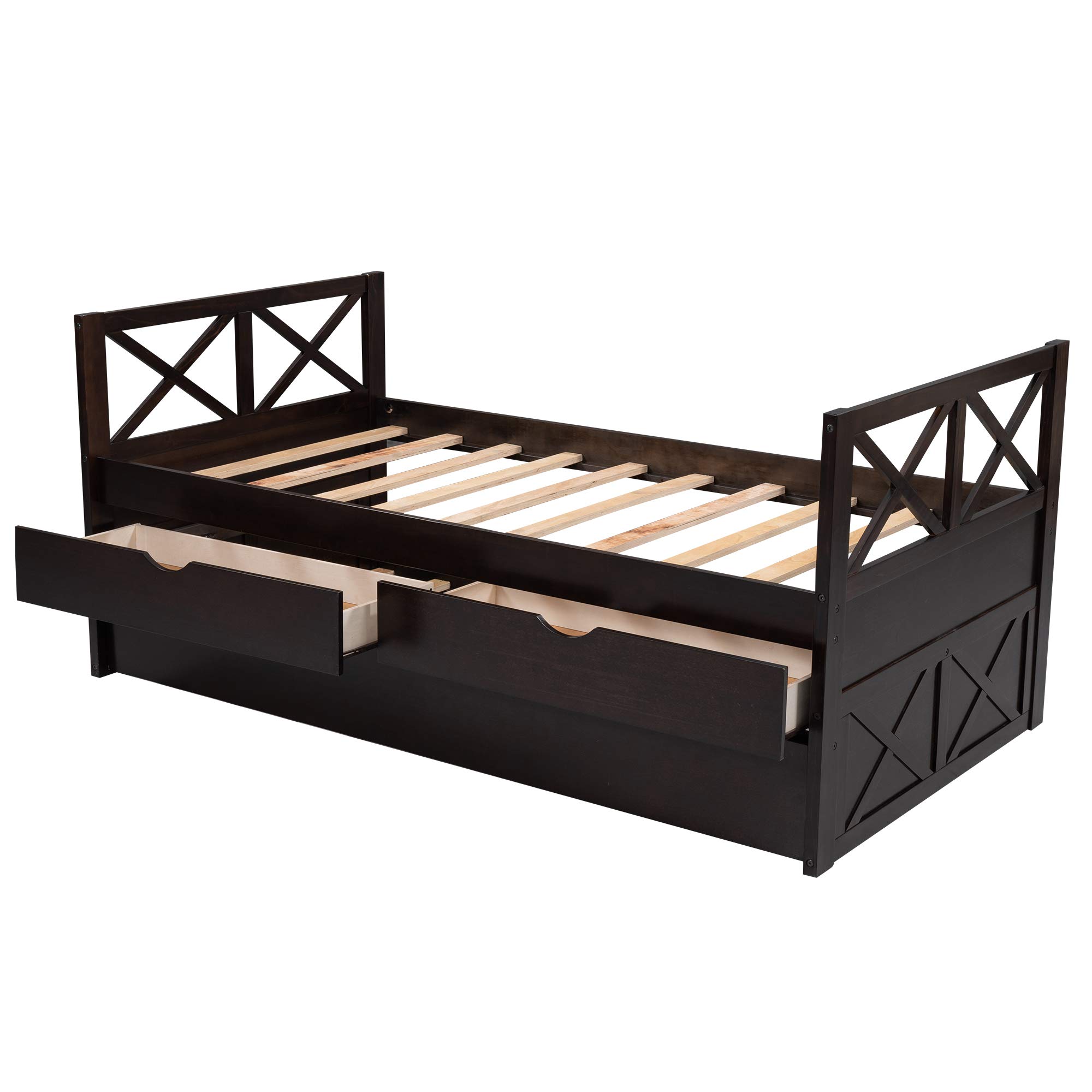 P PURLOVE Twin Size Wooden Daybed with 2 Drawers & Trundle - Rustic Style Daybed for Bedroom, Living Room, Guest Room - No Box Spring Needed - Perfect for Small Spaces, Sleepovers & Extra Storage