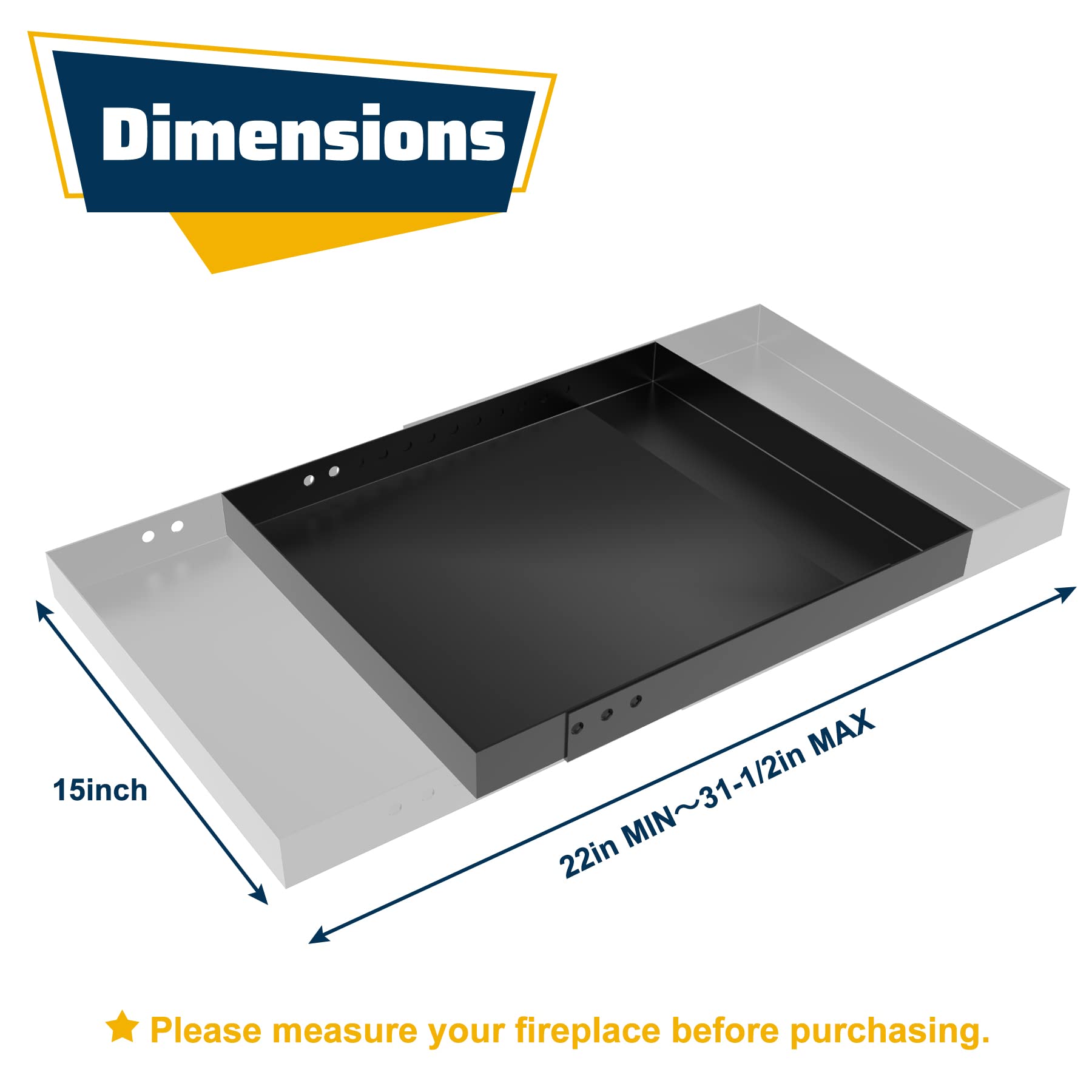 **Expandable Rectangle Fireplace Ash Pan - Galvanized Steel with Powder Coated Adjustable Ember Holder - Black - Perfect for Fireplace Maintenance & Ash Collection**    *(Use Case: Ideal for wood-burning fireplaces, fire pits, and outdoor stoves to safely collect and dispose of ashes while keeping your hearth clean and organized.)*
