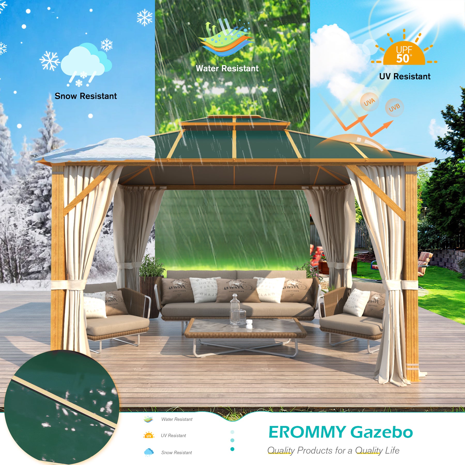 EROMMY 10'x12' Hardtop Gazebo with Wood Grain Finish - Aluminum Composite Double Roof, Privacy Curtain & Mosquito Net - Perfect for Patio, Garden, and Backyard Outdoor Gatherings