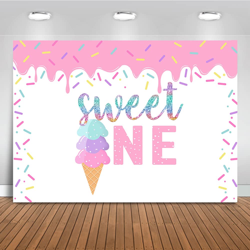 **Sweet Ice Cream Backdrop - 7x5ft Summer Birthday Party Decor for Girls, 1st Birthday Cake Table & Photo Booth Props - Mocsicka Sweet One Theme**    *(Perfect for 1st birthday parties, summer celebrations, baby showers, dessert tables, and photo booth backdrops!)*
