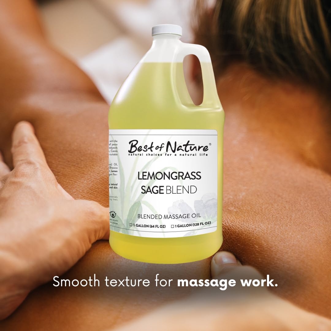 **Best of Nature Lemongrass & Sage Massage Oil – Non-Greasy Aromatherapy Body Oil for Relaxation, Skin & Face Care – Pure Essential Oils, 64 fl oz (Half Gallon) – Perfect for Spa, Yoga & Stress Relief**