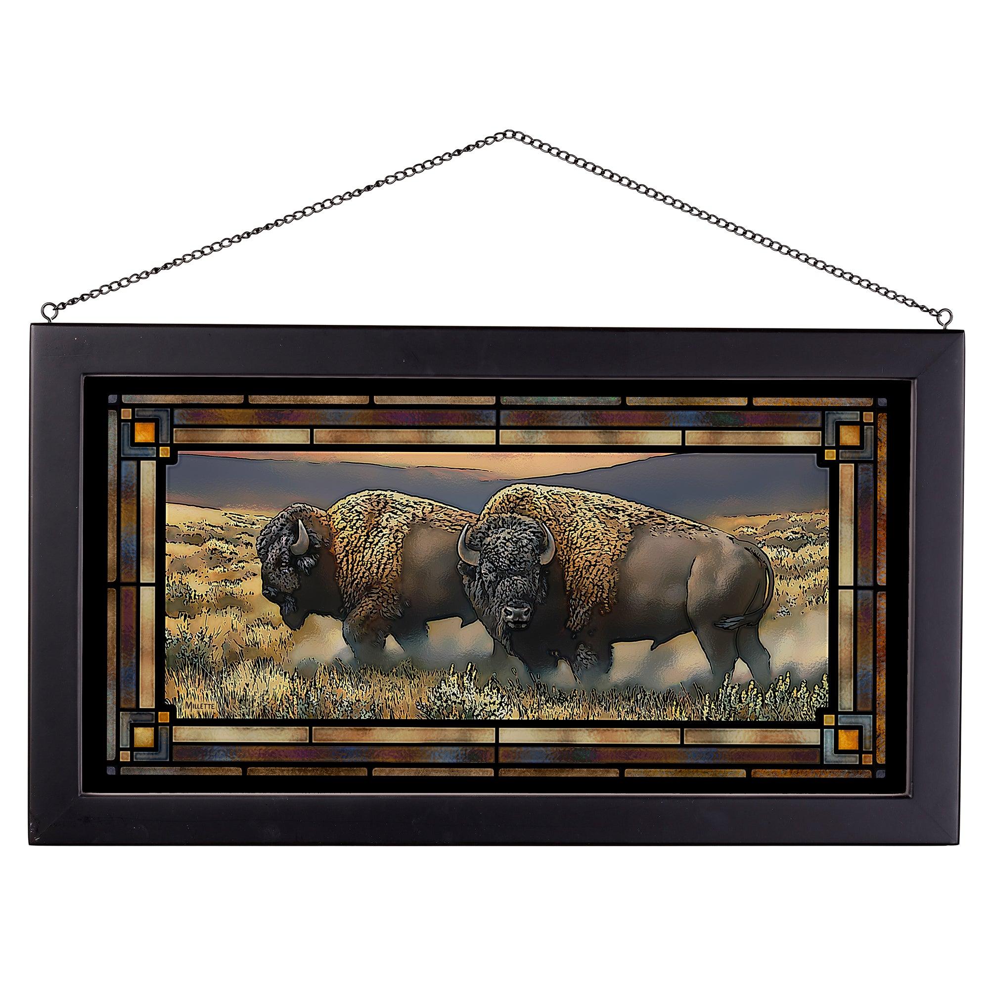 Handmade Bison Stained Glass Art Panel - 13x23 Inches - Western Home Decor for Cabin, Lodge & Ranch - Perfect for Windows, Wall Hangings & Gifts