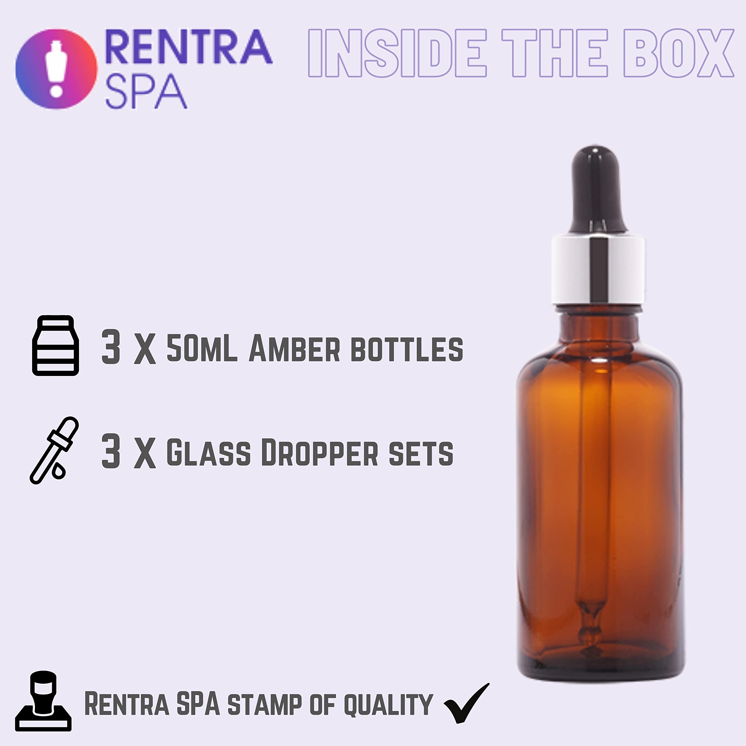 50ml Amber Round Glass Bottle with Glass Dropper, Silver Ring & Black Silicone Teat for Essential Oils, DIY Skincare, and Herbal Remedies - Perfect for Home, Spa, and Travel Use
