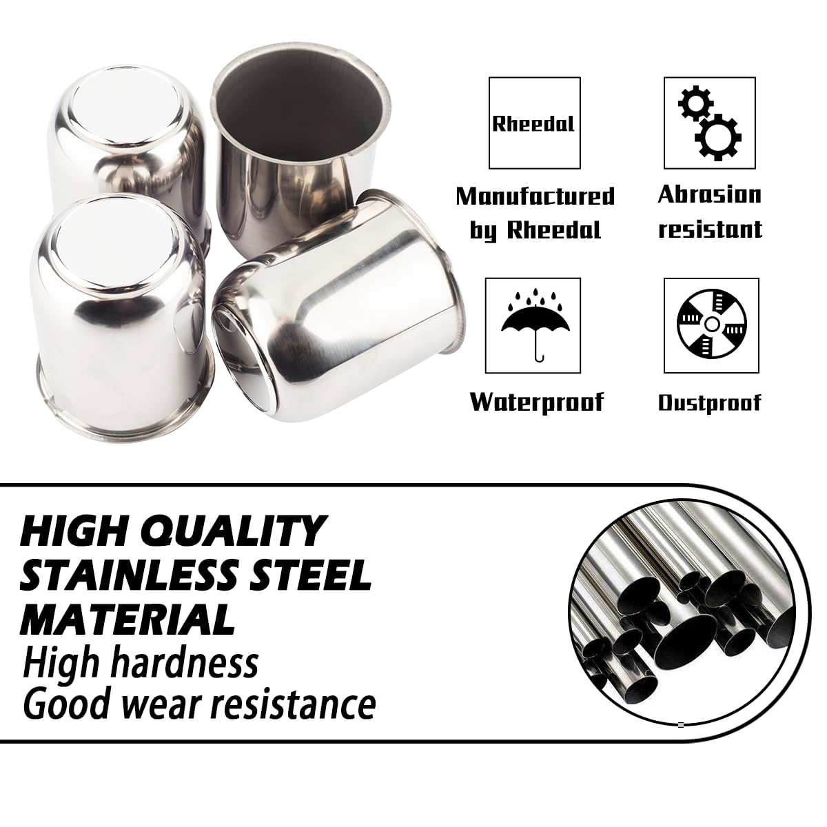 4Pcs 3.19 Inch Stainless Steel Trailer Wheel Center Caps - Push Through 3.19
