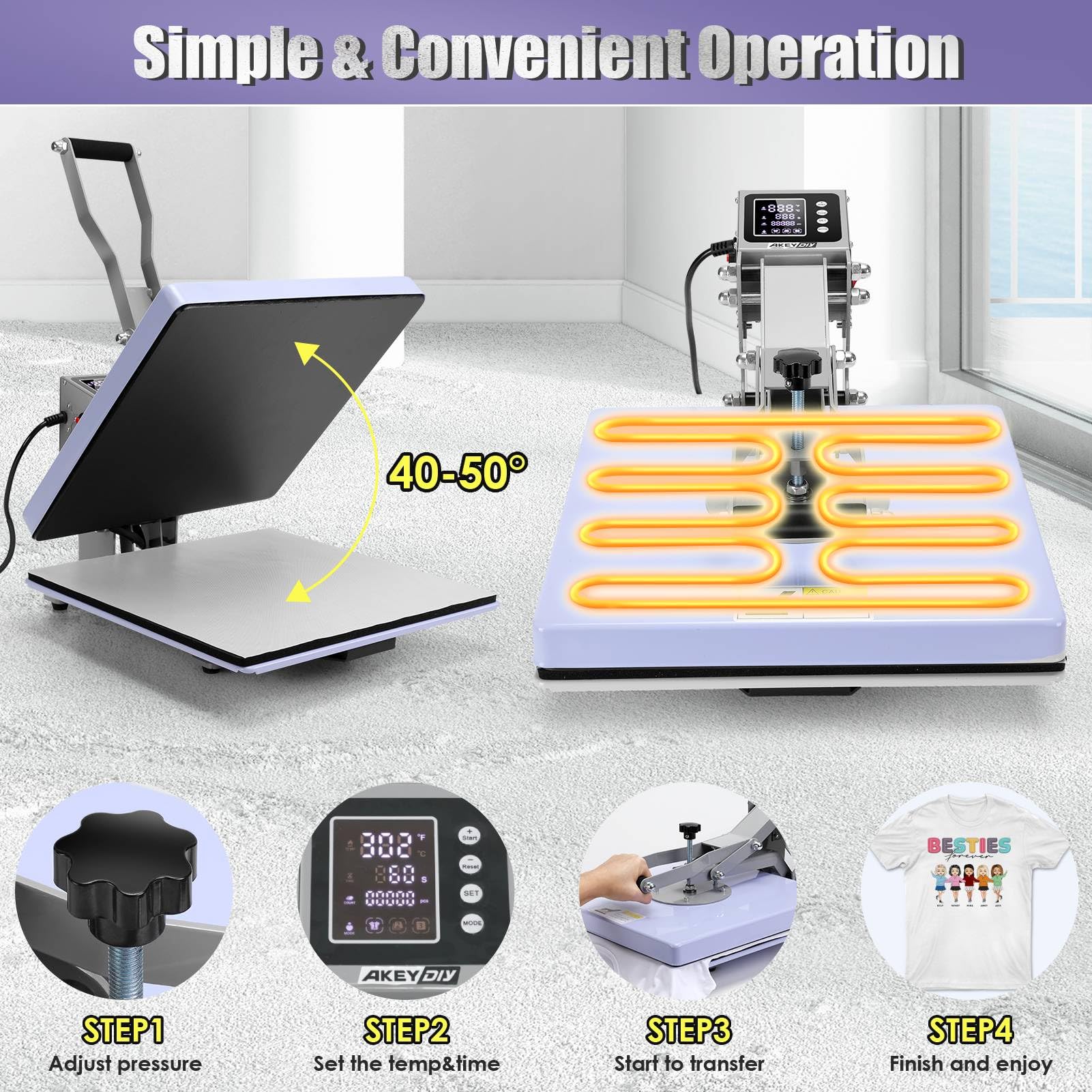 AKEYDIY 15x15 Inch Professional Heat Press Machine with Slide-Out Lower Platen - Digital Sublimation Heat Transfer Press for T-Shirts, Pillows, Bags & Mouse Pads | Perfect for DIY Apparel, Custom Gifts & Small Business Printing