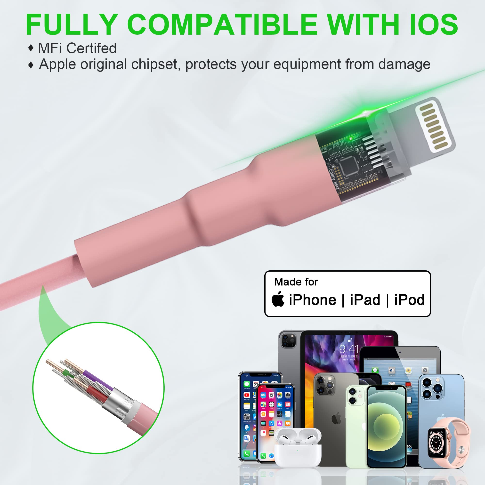 MFi Certified Coiled iPhone Lightning Cable - 3ft Short Apple CarPlay Charger with Fast Data Sync - Durable Pink Charging Cable for iPhone in Car, Home & Office Use