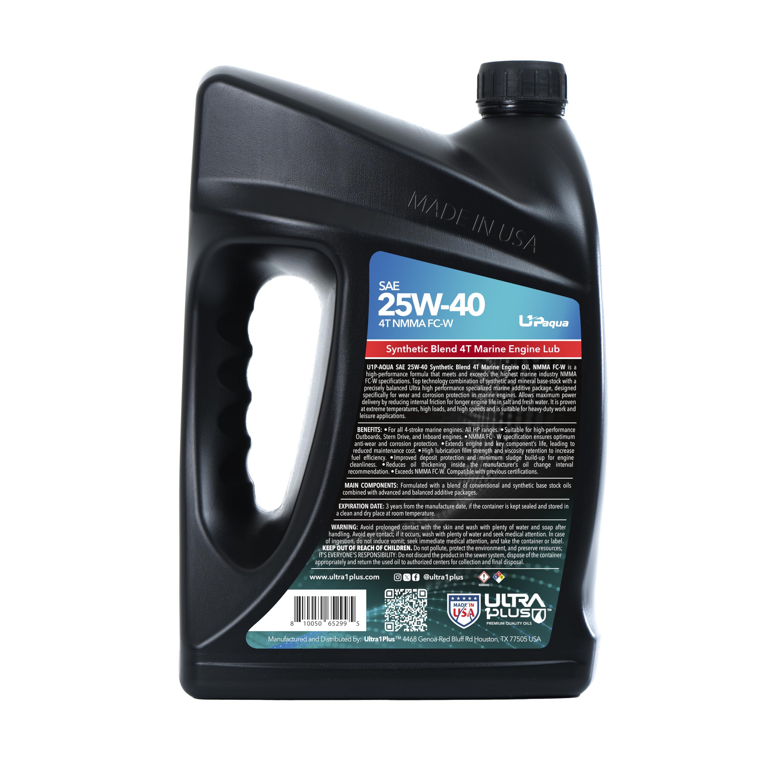 Premium U1P-Aqua SAE 25W-40 Synthetic Blend 4T Marine Engine Oil - NMMA FC-W Certified (4 Gallon) for Outboard Motors, Jet Skis & Marine Engines - Ideal for Saltwater & Freshwater Boating