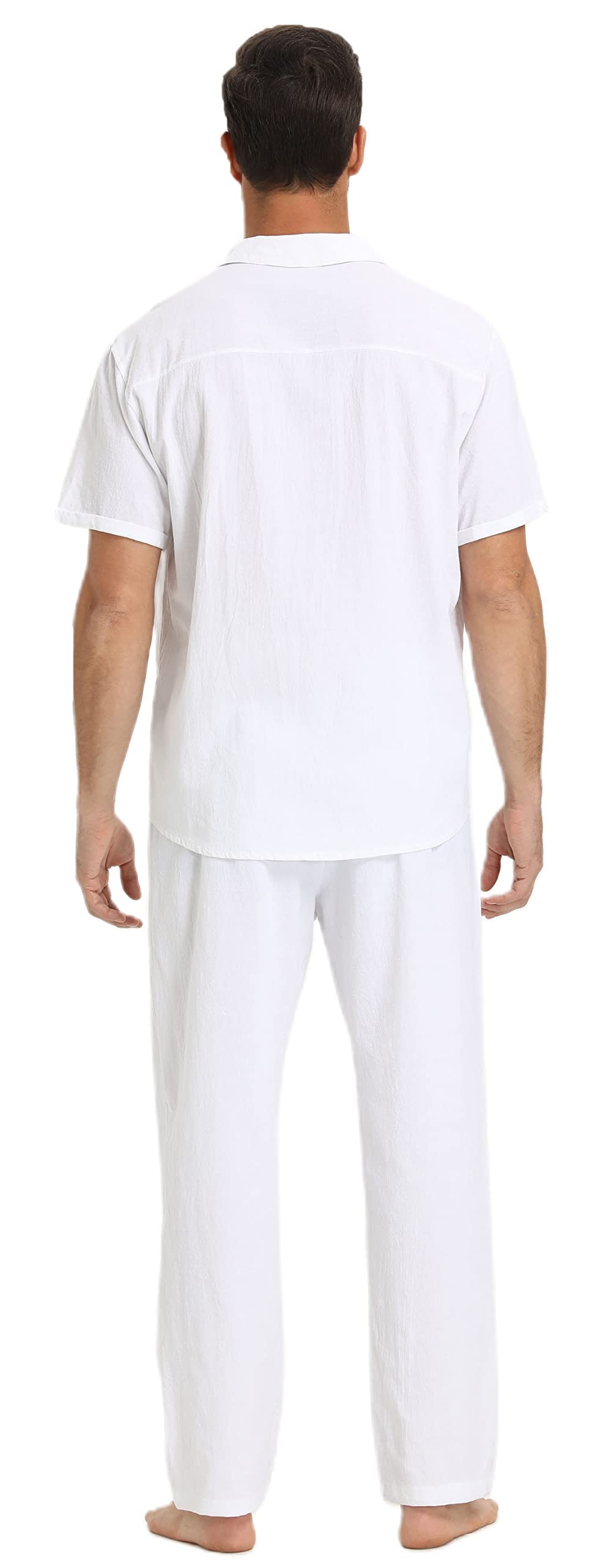 RPOVIG Men's Linen Shirt & Pants Set - 2 Piece Short Sleeve Linen Outfit for Yoga, Beach, Wedding | Breathable Summer Casual Wear for Men