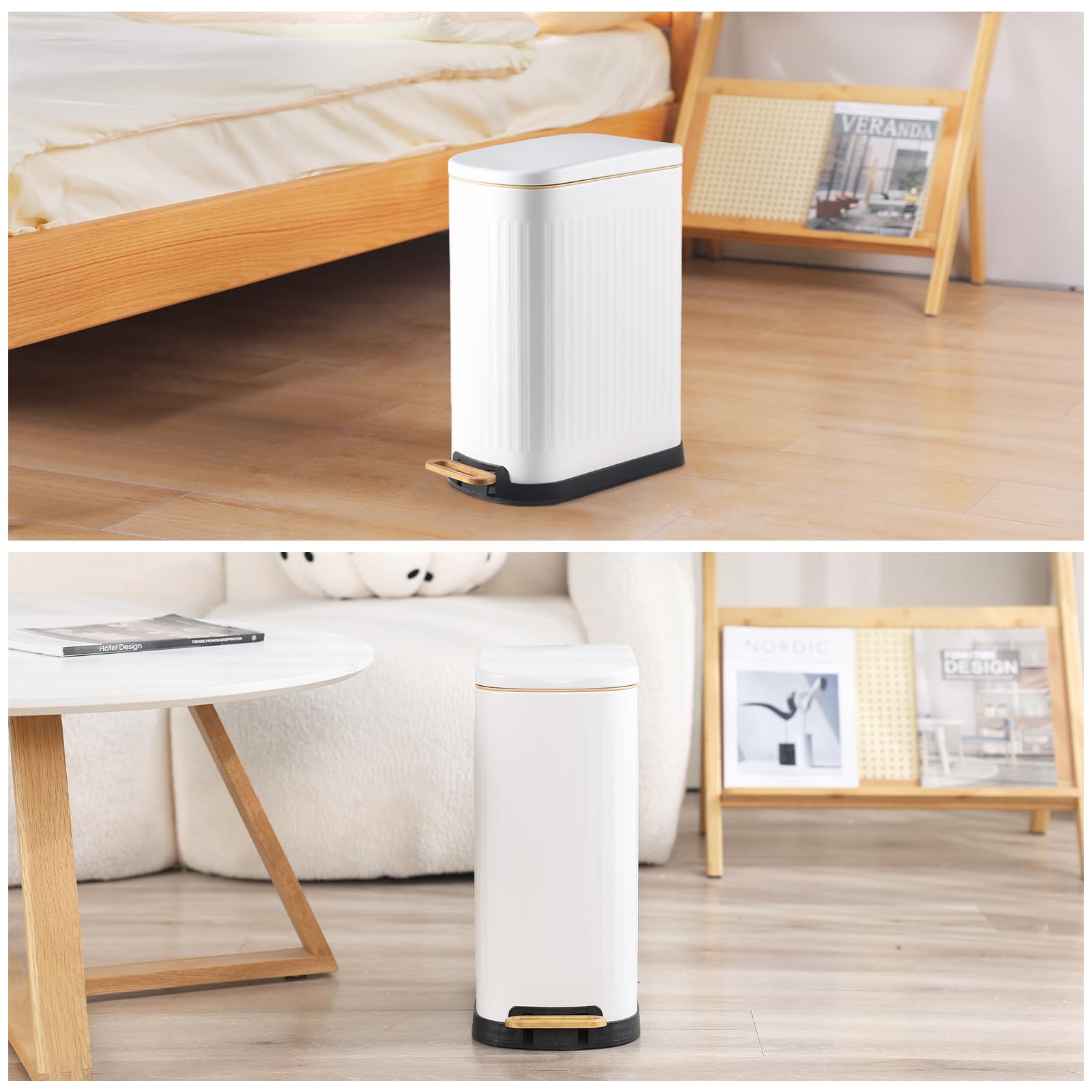 Slim Stainless Steel Bathroom Trash Can with Soft Close Lid - 3.5 Gallon Step Garbage Bin with Removable Inner Bucket - Perfect for Bathroom, Bedroom, Office & Kitchen (Matt White) - Space-Saving Design for Small Bathrooms & Modern Homes