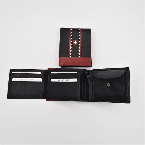 Premium Swiss Leather Wallet for Men - Black & Red Trifold Design with RFID Protection | Slim Bifold Wallet for Everyday Use, Travel & Business