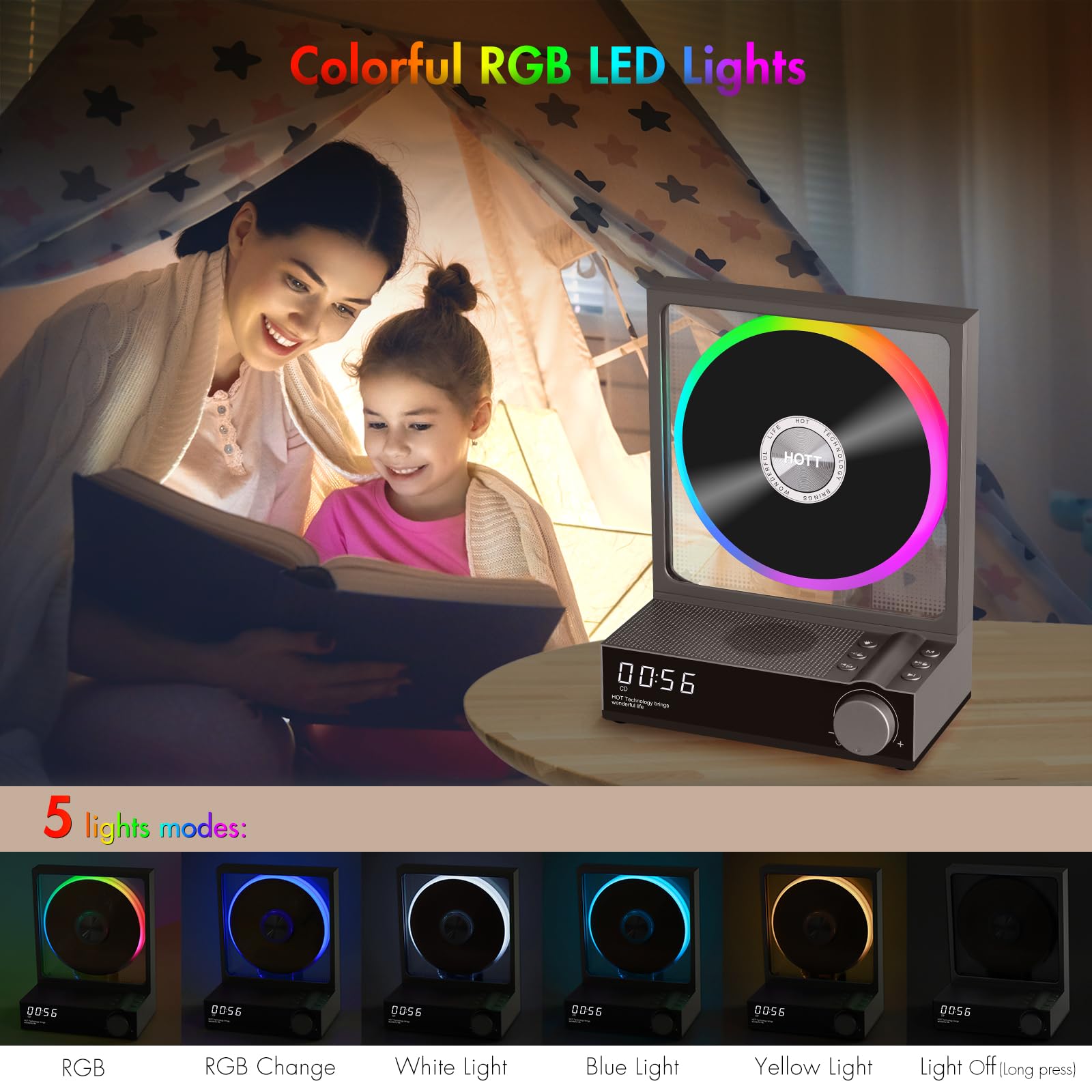 Portable Bluetooth CD Player with HiFi Speakers - 5.3 Wireless, RGB Lights, TF Card Slot & USB Recording - Desktop CD Player with LED Display for Home, Office & Car Use (Grey)