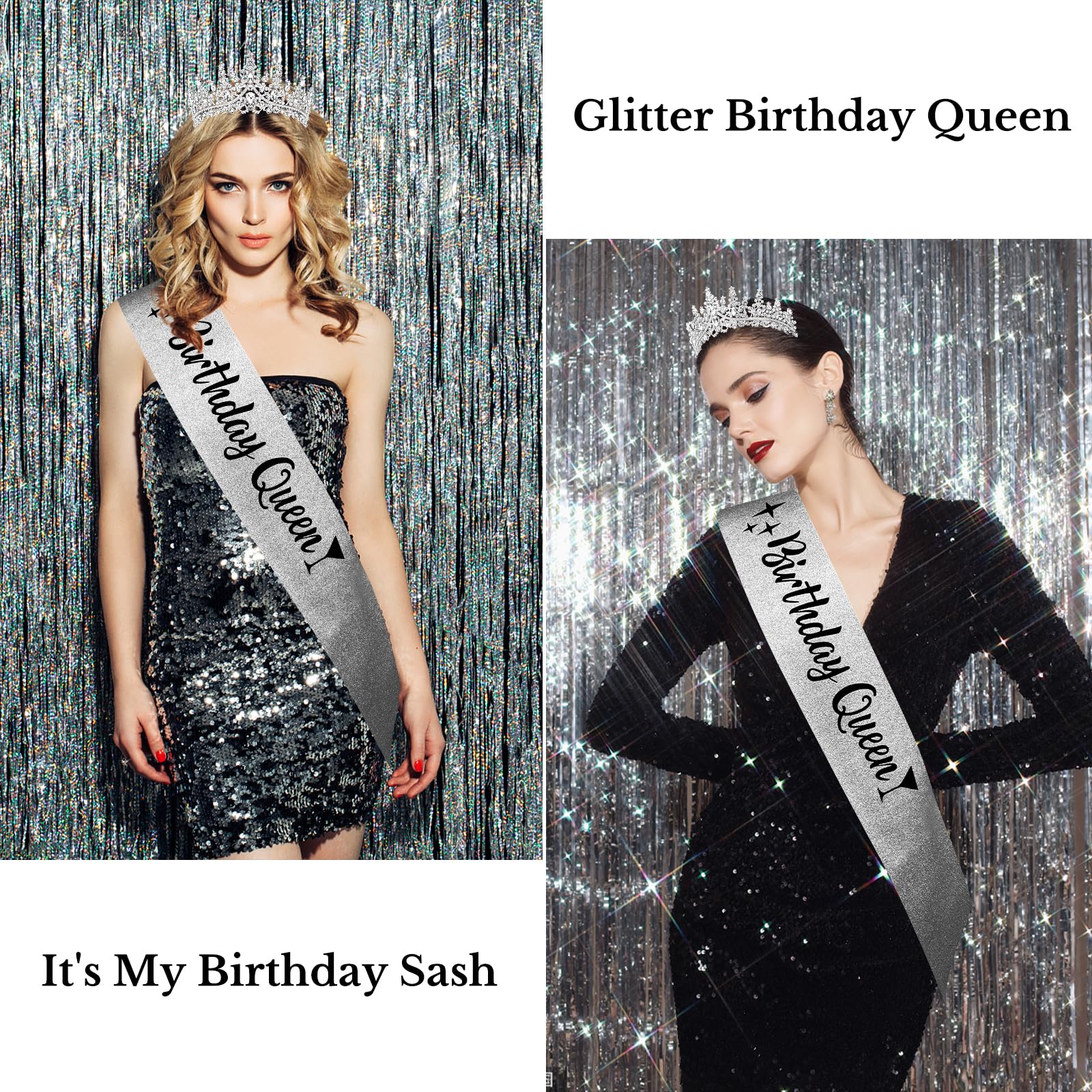 Elegant Silver Birthday Queen Sash & Crystal Crown Set for Women & Girls - Perfect for Princess Parties, Adult Birthdays & Special Celebrations - Ideal Birthday Gift & Party Decoration