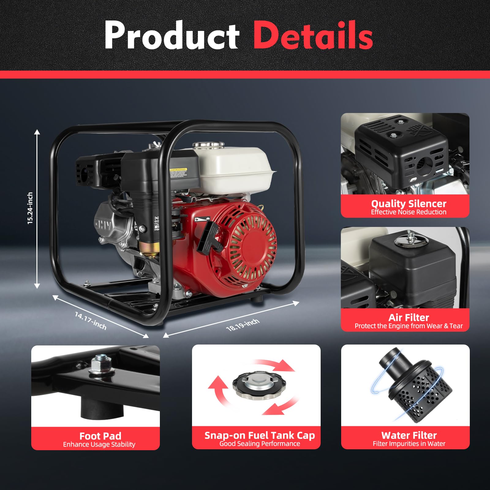 6.5HP 210cc 4-Stroke Gasoline Engine Water Pump - 2 Inch High Pressure 92ft Pump Lift, Portable Gas Powered Trash Pump for Farmland, Garden Irrigation, Flood Control & Drainage