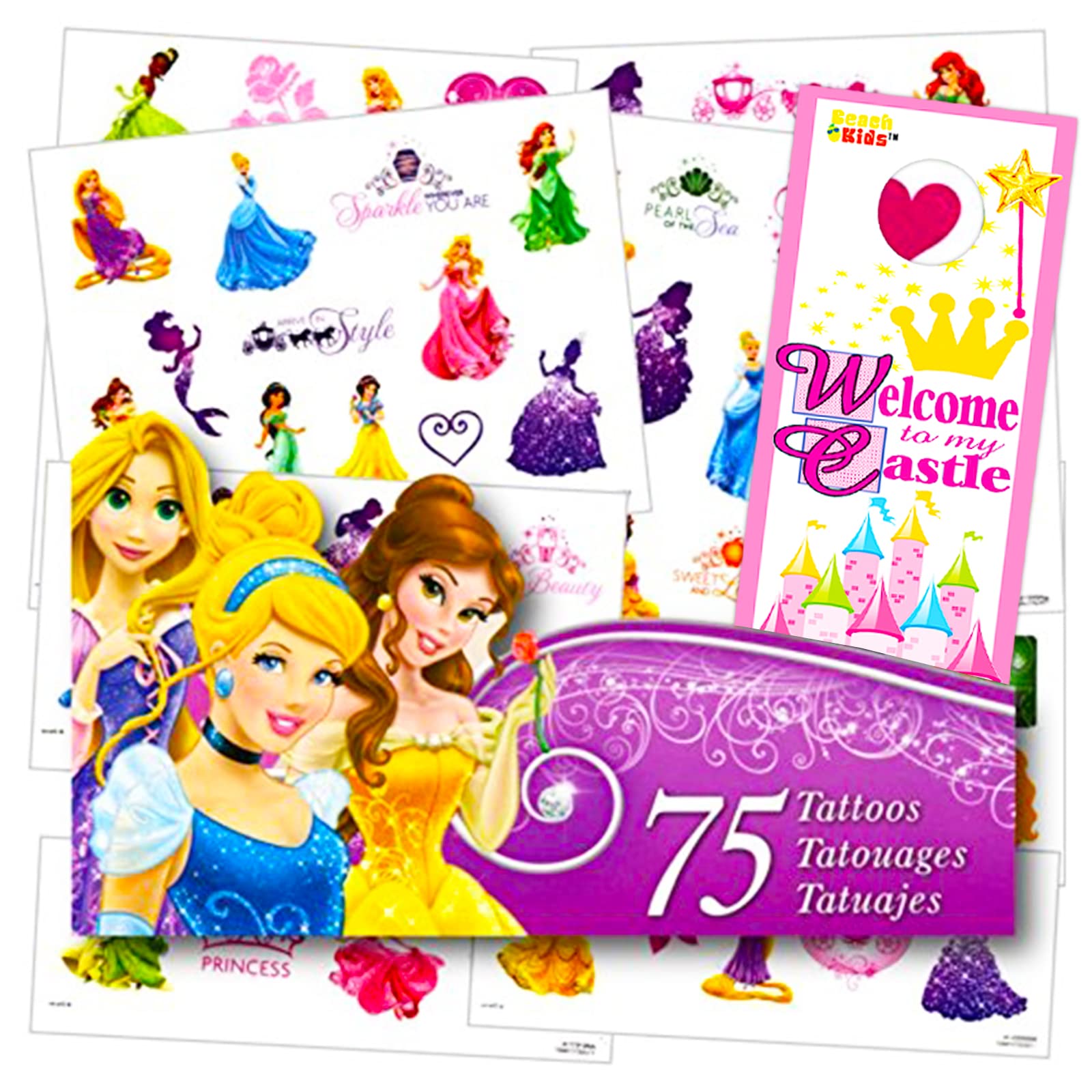 Disney Princess Temporary Tattoos for Kids - 75 Assorted Waterproof Fake Tattoos Stickers - Perfect for Birthday Parties, Dress Up & Costume Play