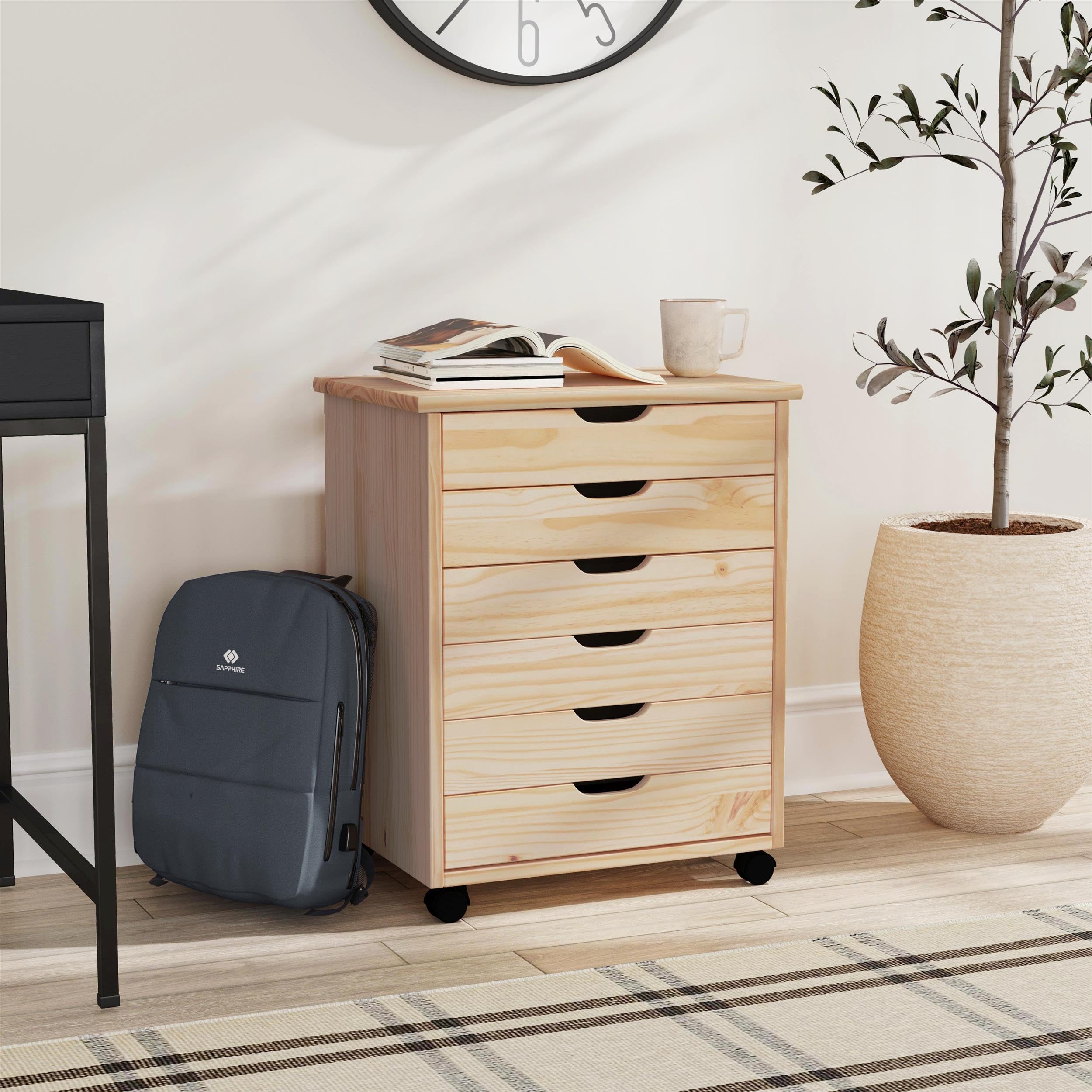 Linon Callie 6-Drawer Rolling Dresser - Natural Wood File Storage Cabinet with Wheels for Office, Bedroom, or Living Room Organization