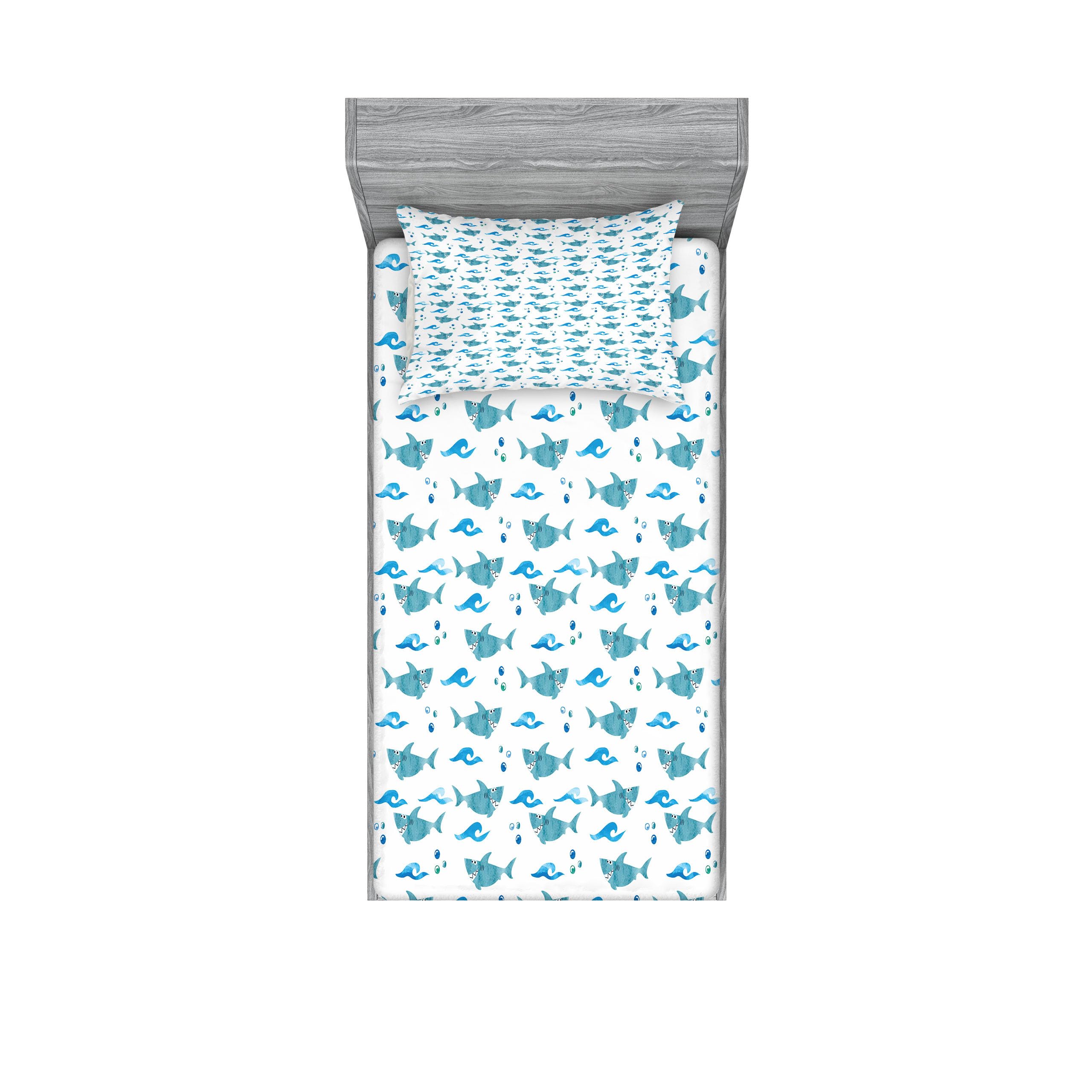 Ambesonne Shark Fitted Sheet & Pillow Sham Set - Watercolor Ocean Animals with Playful Expressions, Bubbles & Waves - 2-Piece Twin Size Bedding Set in Pale Blue & White - Perfect for Kids' Rooms, Beach Themed Decor & Shark Lovers