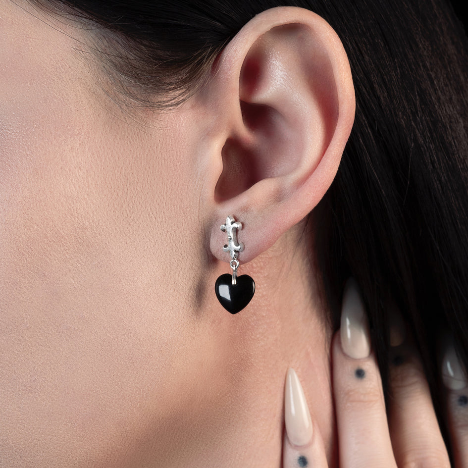 SHIELD Medieval Black Glass Heart Drop Earrings - Sterling Silver Gothic Jewelry for Women | Perfect for Renaissance Fairs, Cosplay & Dark Romance Outfits