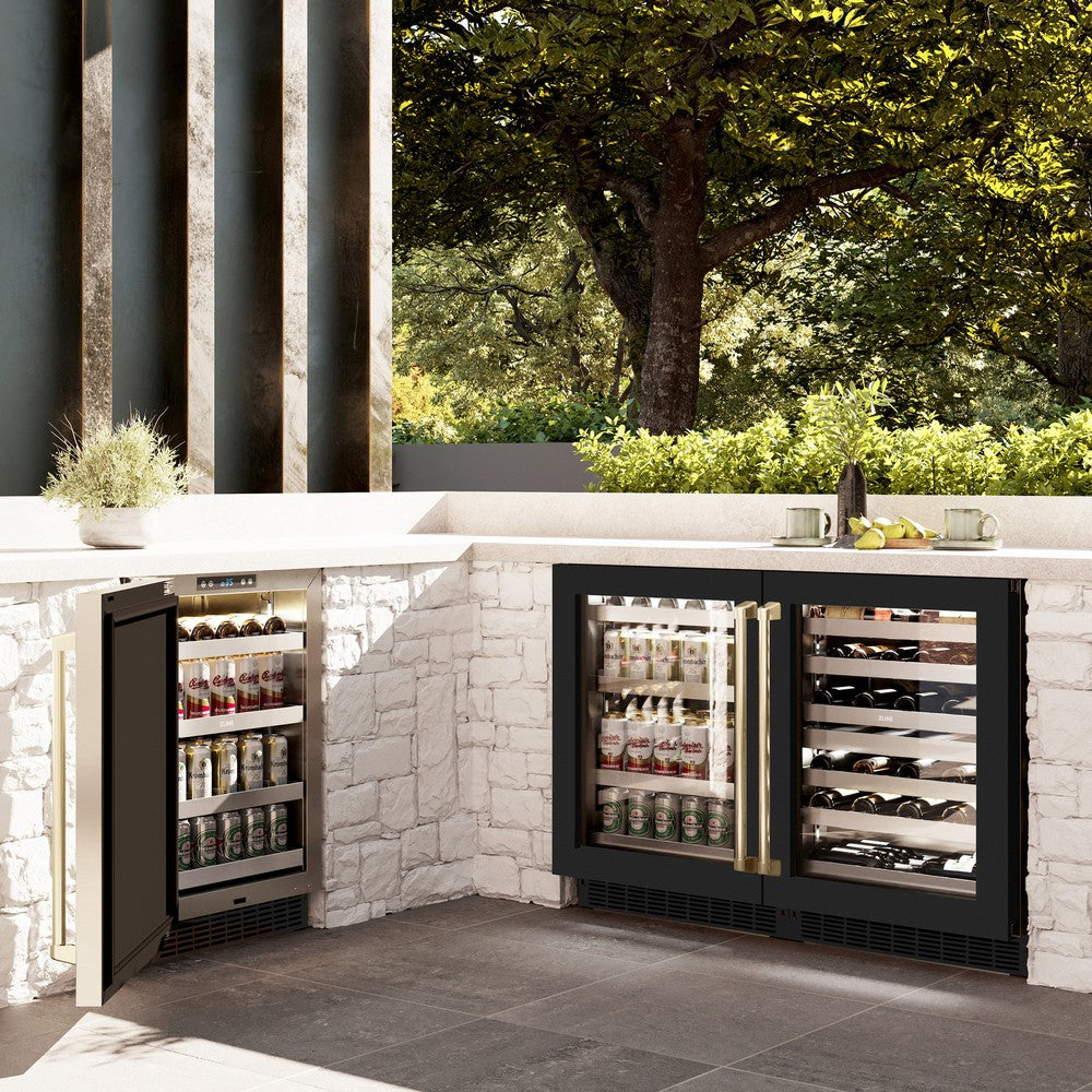 ZLINE Autograph Edition 24 Inch Touchstone Dual Zone 44 Bottle Wine Cooler - Black Matte Glass Door & Champagne Bronze Handle - Perfect for Home Bars, Wine Cellars, and Entertaining Guests (RWDOZ BLM 24 CB)