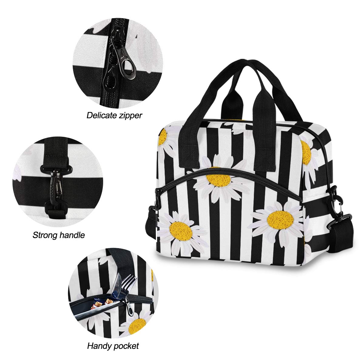 Blueangle Insulated Lunch Bag with Adjustable Shoulder Strap - Reusable Daisy Flower Design Lunch Box for Women & Men | Perfect for Work, School, Picnics & Outdoor Activities