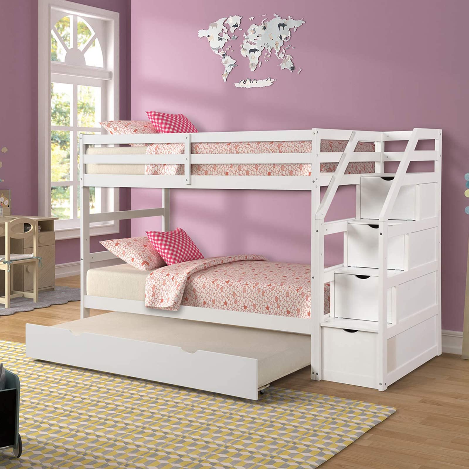 Premium Twin Over Twin Bunk Bed with Trundle & Storage Stairs - Solid Wood Frame, Slat Support & Safety Rail - No Box Spring Needed - Easy Assembly - White - Perfect for Kids' Bedrooms, Guest Rooms & Space-Saving Solutions