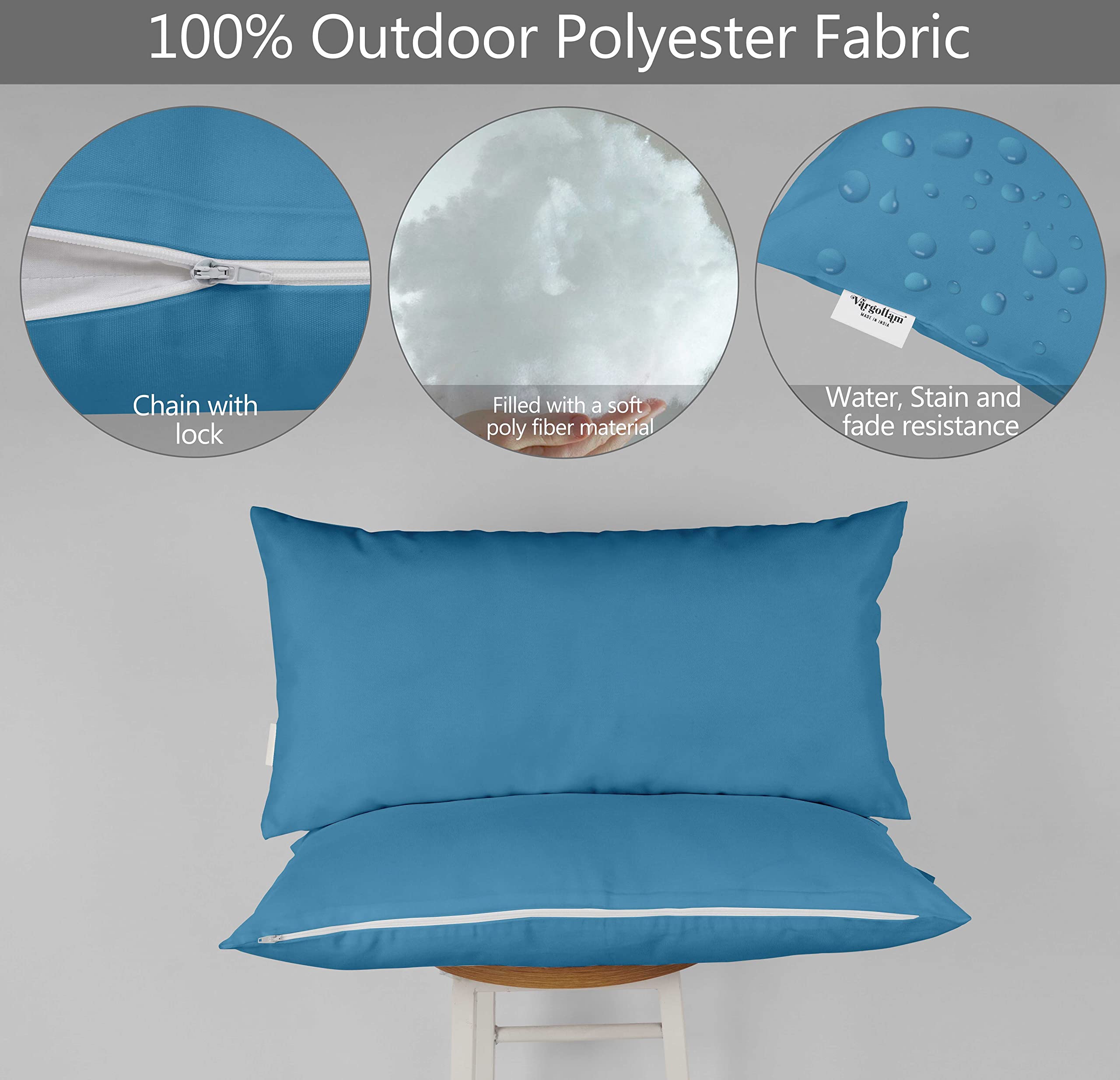 Waterproof Indoor Outdoor Lumbar Pillow Set of 2 - All-Weather Polyester Decorative Throw Pillows with Insert for Patio Furniture (Medium Blue) - Perfect for Sofa, Garden, Deck & Poolside Relaxation