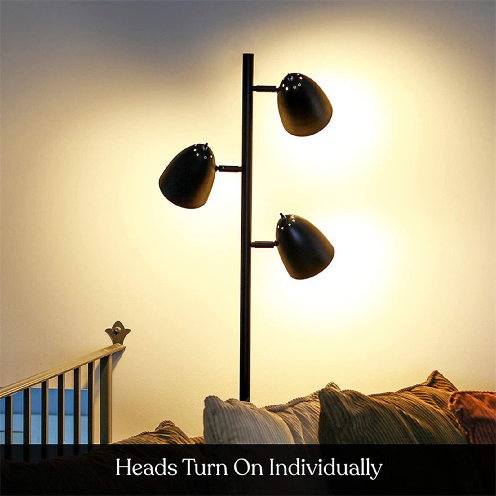 Dimmable Industrial Floor Lamp with Rotary Switch - 3 Head Tree Floor Lamp for Living Room, Bedroom & Office - Adjustable Metal Pole Light in Black | Perfect for Reading, Relaxing & Ambient Lighting