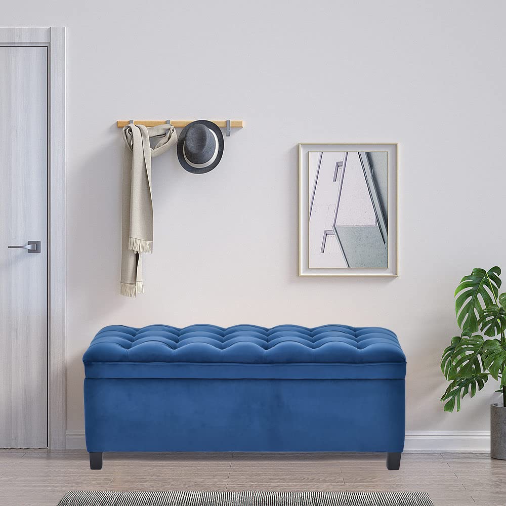 Tufted Storage Ottoman Bench with Upholstered Seat - Large Polyester Footstool for Bedroom, Living Room & Entryway | End of Bed Bench with Hidden Storage for Shoes & Blankets | Blue Home Decor (Perfect for Small Spaces & Organization)