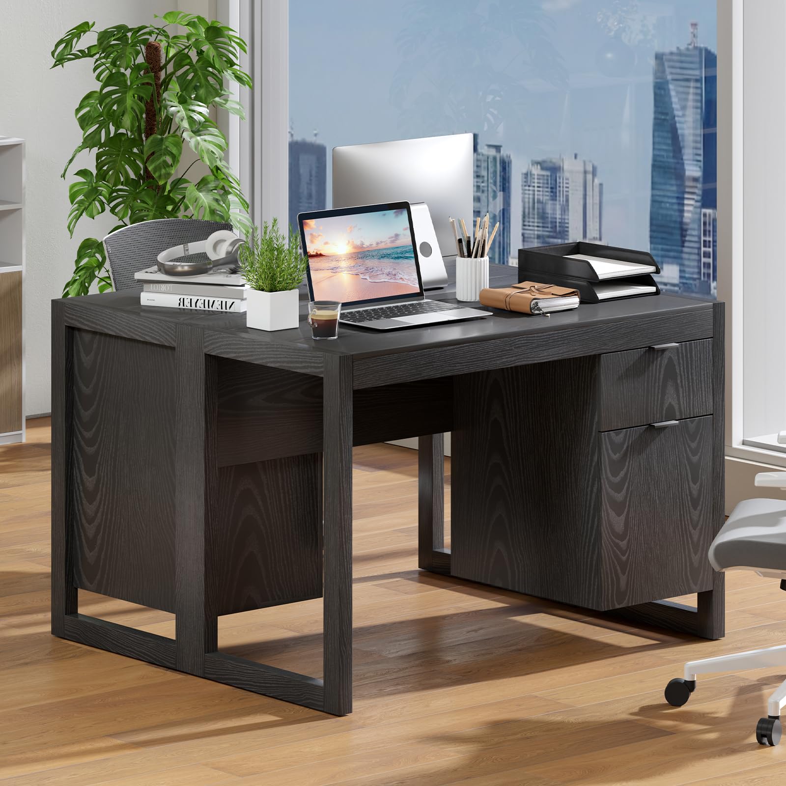 Tangkula White Wooden Computer Desk with Storage Cabinet & Drawer - Home Office Desk with Smooth Surface for PC Laptop Workstation, Study & Writing | Perfect for Small Spaces, Dorm Rooms & Home Offices (Black)