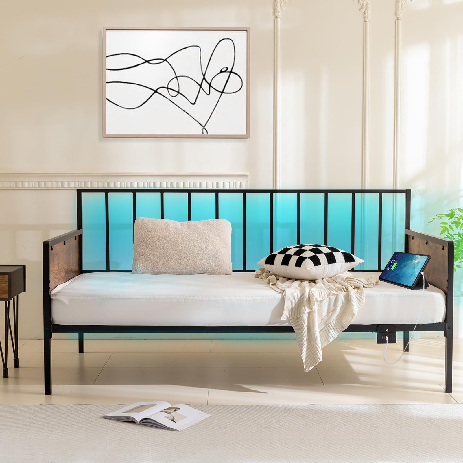 MAXYOYO Farmhouse Metal Daybed with USB Charging Station & LED Lights - Sturdy Day Bed Frame for Living Room, Guest Room, or Dorm - Perfect for Relaxing, Napping & Stylish Home Decor