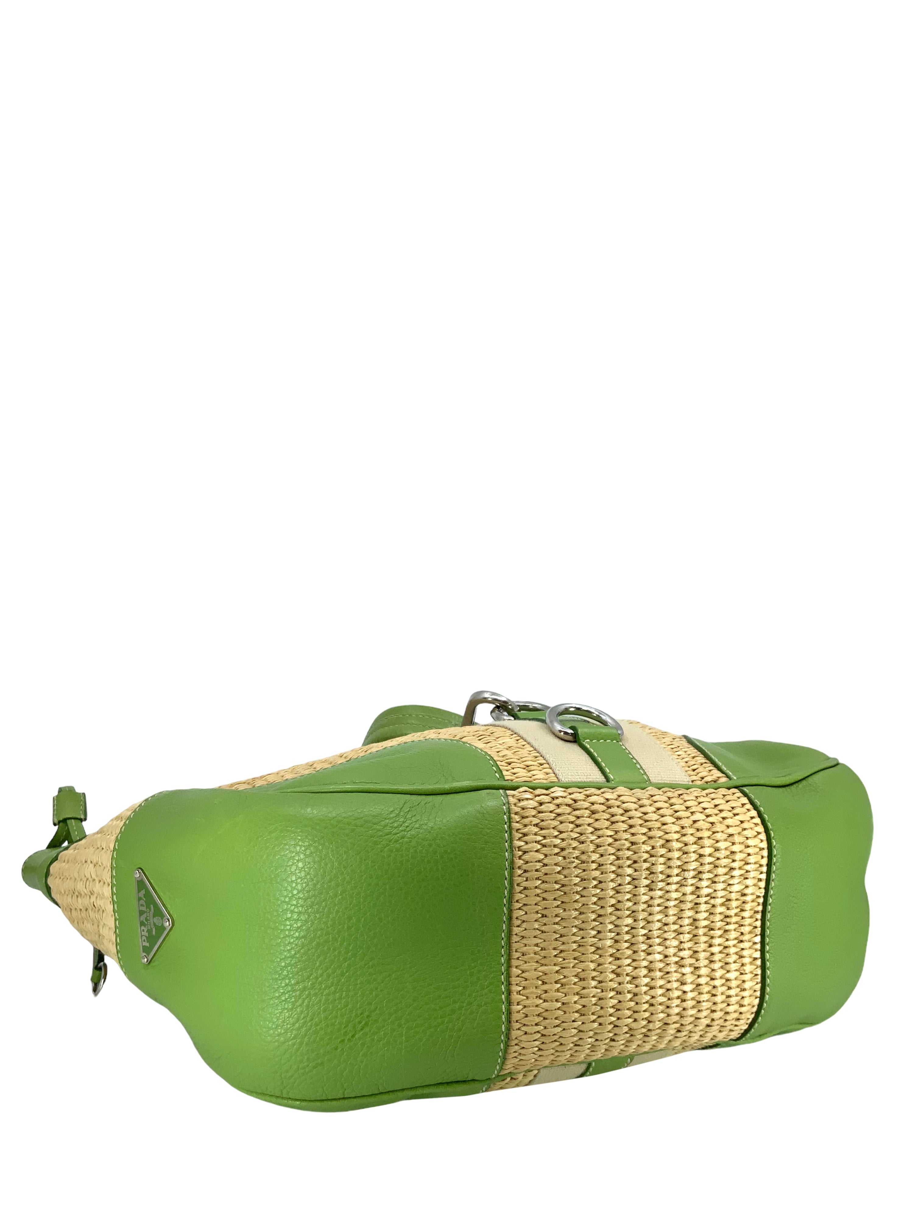 PRADA Leather and Straw Shoulder Bag for Women | Luxury Designer Handbag for Summer, Beach, and Casual Outings