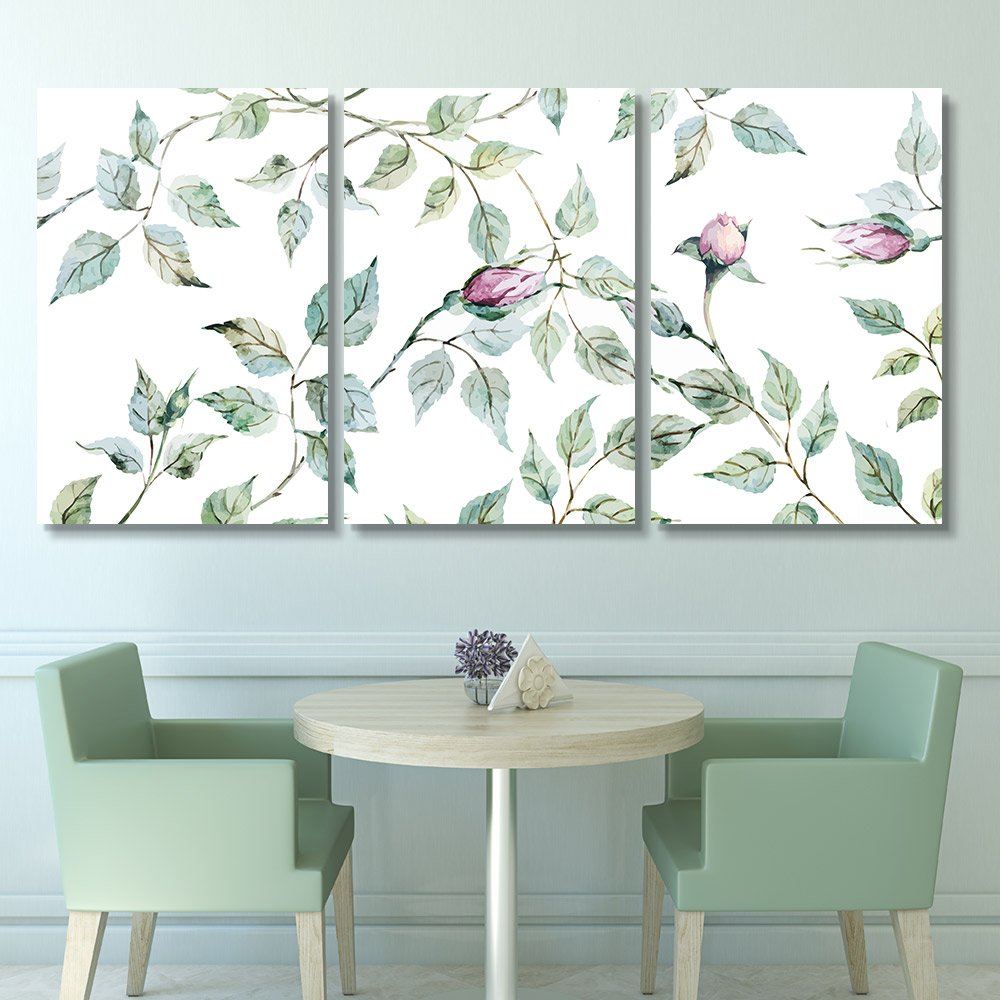 Wall26 3-Panel Canvas Wall Art - Watercolor Roses & Leaves Floral Painting - Giclee Print Gallery Wrapped Modern Home Decor - 16x24 Inches x3 Panels - Perfect for Living Room, Bedroom & Office Decor