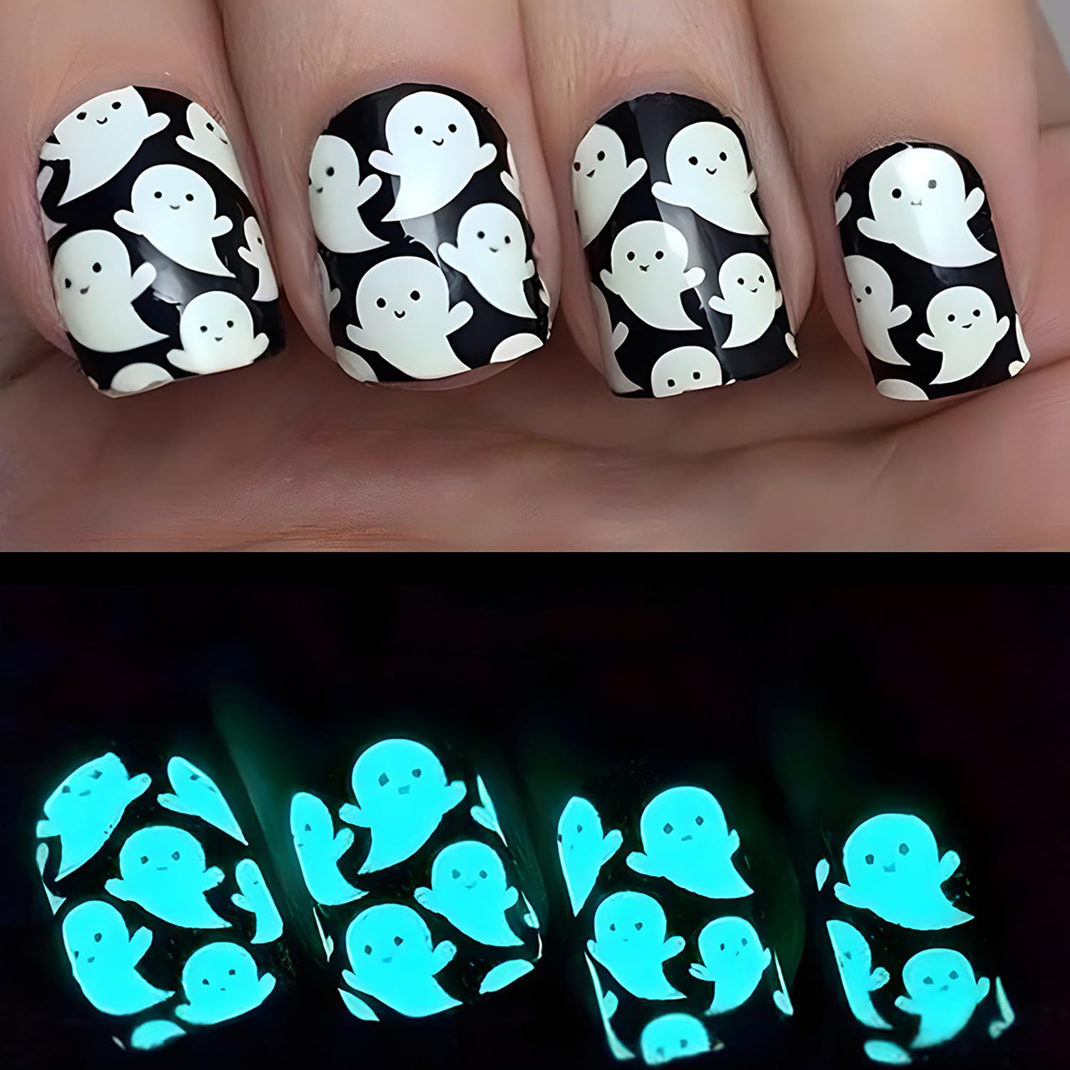 24 Pcs Halloween Press on Nails - Short Square Fake Nails Glow in Dark with Cute Ghost Design | Acrylic False Nails for Women | Reusable Stick on Nails for Parties, Cosplay & Halloween Costumes
