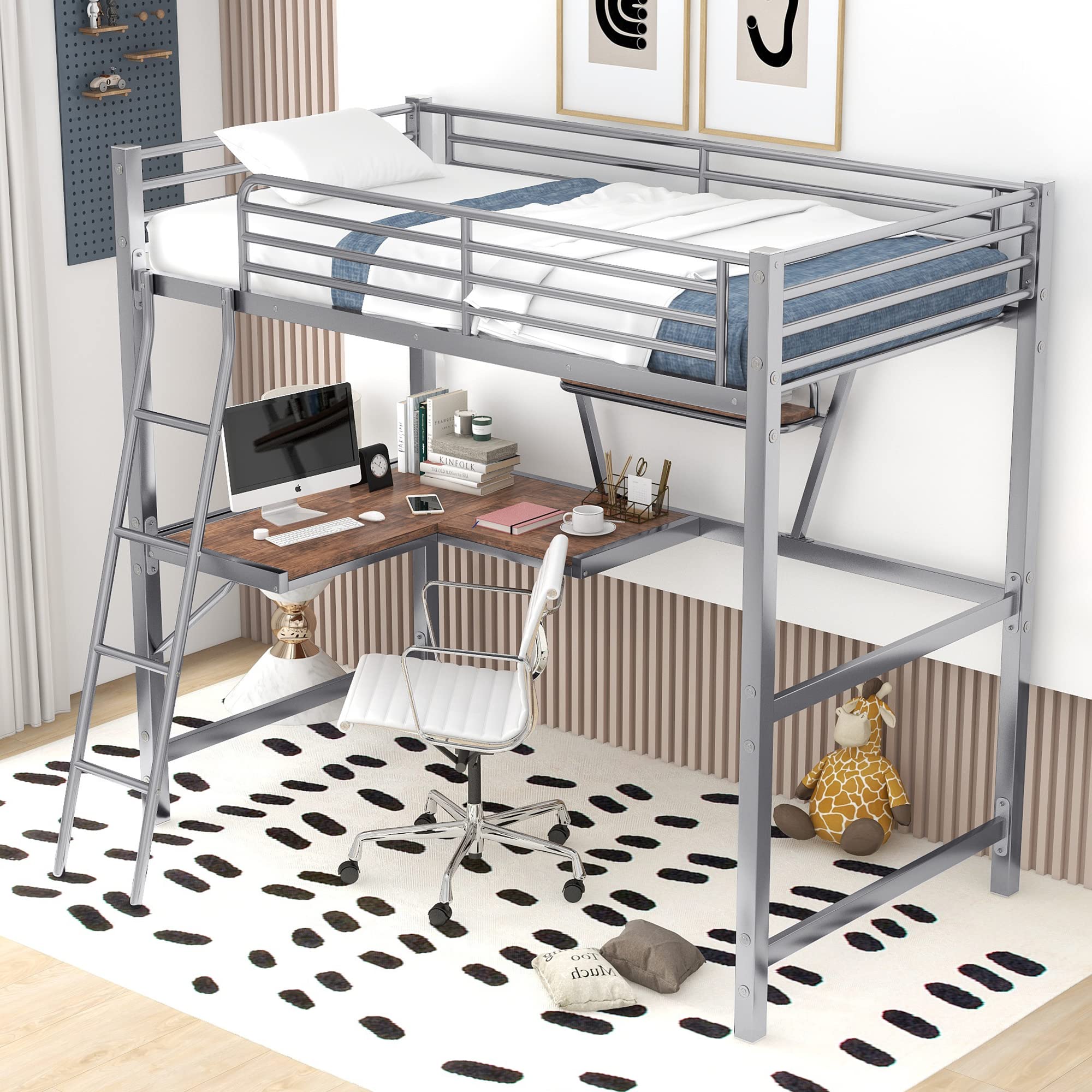 **Heavy Duty Twin Metal Loft Bed with Desk, Shelves & 2 Ladders – High Safety Guard Rails for Kids, Teens & Adults – Modern Silver Loft Bed for Small Spaces, Dorm Rooms & Apartments**