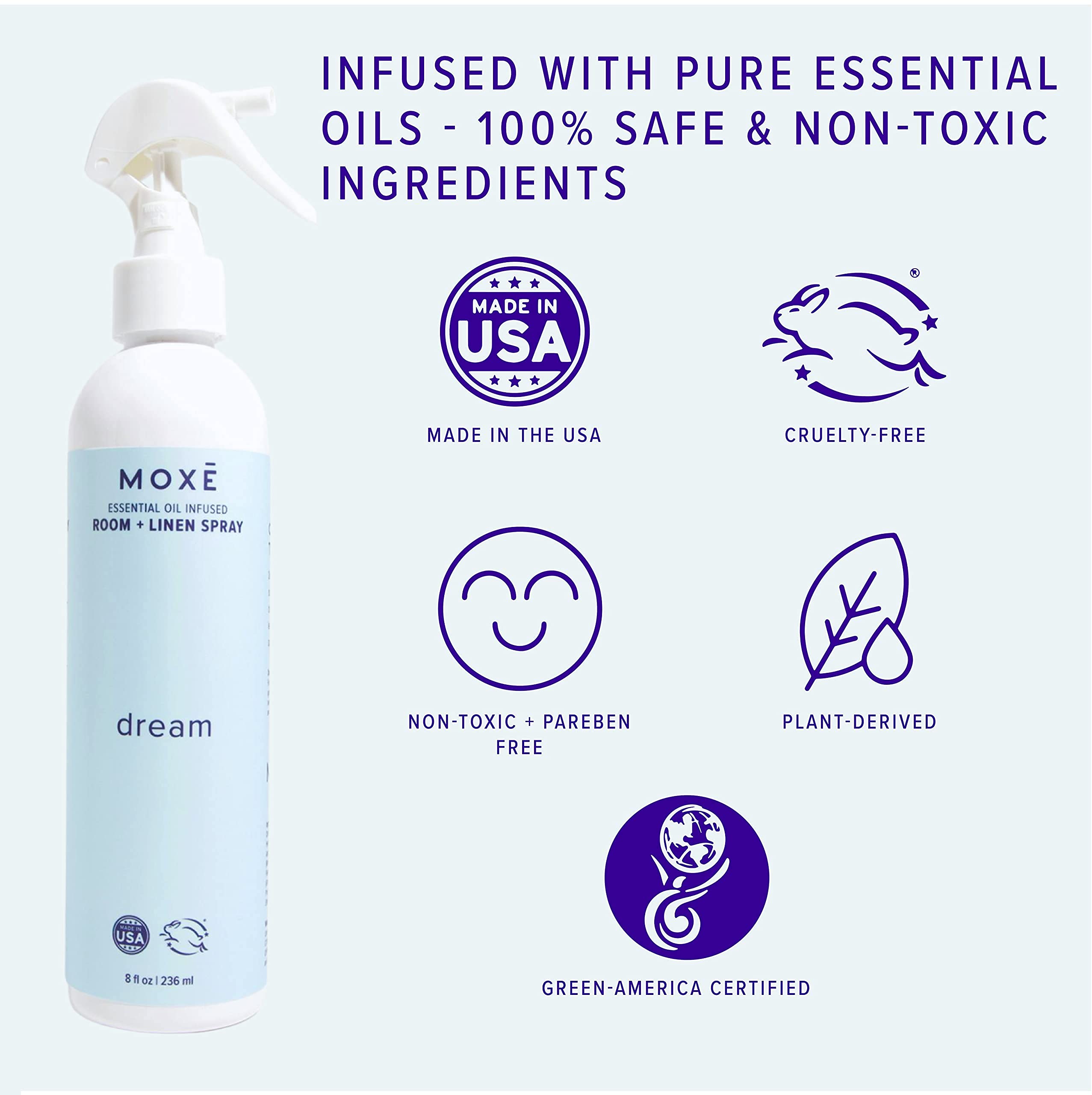 MOXE Dream Linen & Room Spray - Natural Essential Oil Sleep Mist with Lavender, Chamomile & Lemongrass (8oz) | Aromatherapy for Bedding, Pillows & Home Relaxation | Perfect for Bedtime, Yoga & Stress Relief